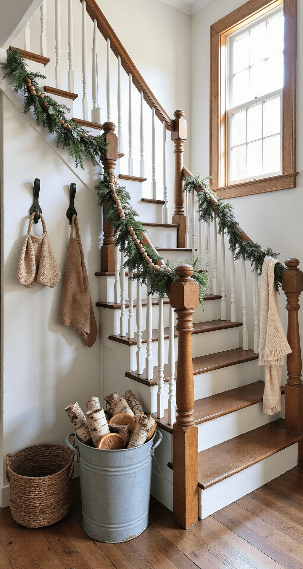 Magical Christmas Staircase Decor: Transform Your Home into a Festive Wonderland A rustic farmhouse entryway featuring a wide wooden staircase, adorned with a jute-wrapped bannister and eucalyptus garland, illuminated by morning light. Vintage galvanized buckets filled with birch logs sit on whitewashed steps, while warm cream knit stockings hang from vintage hooks, accented by burlap ribbons and dried orange slices.
