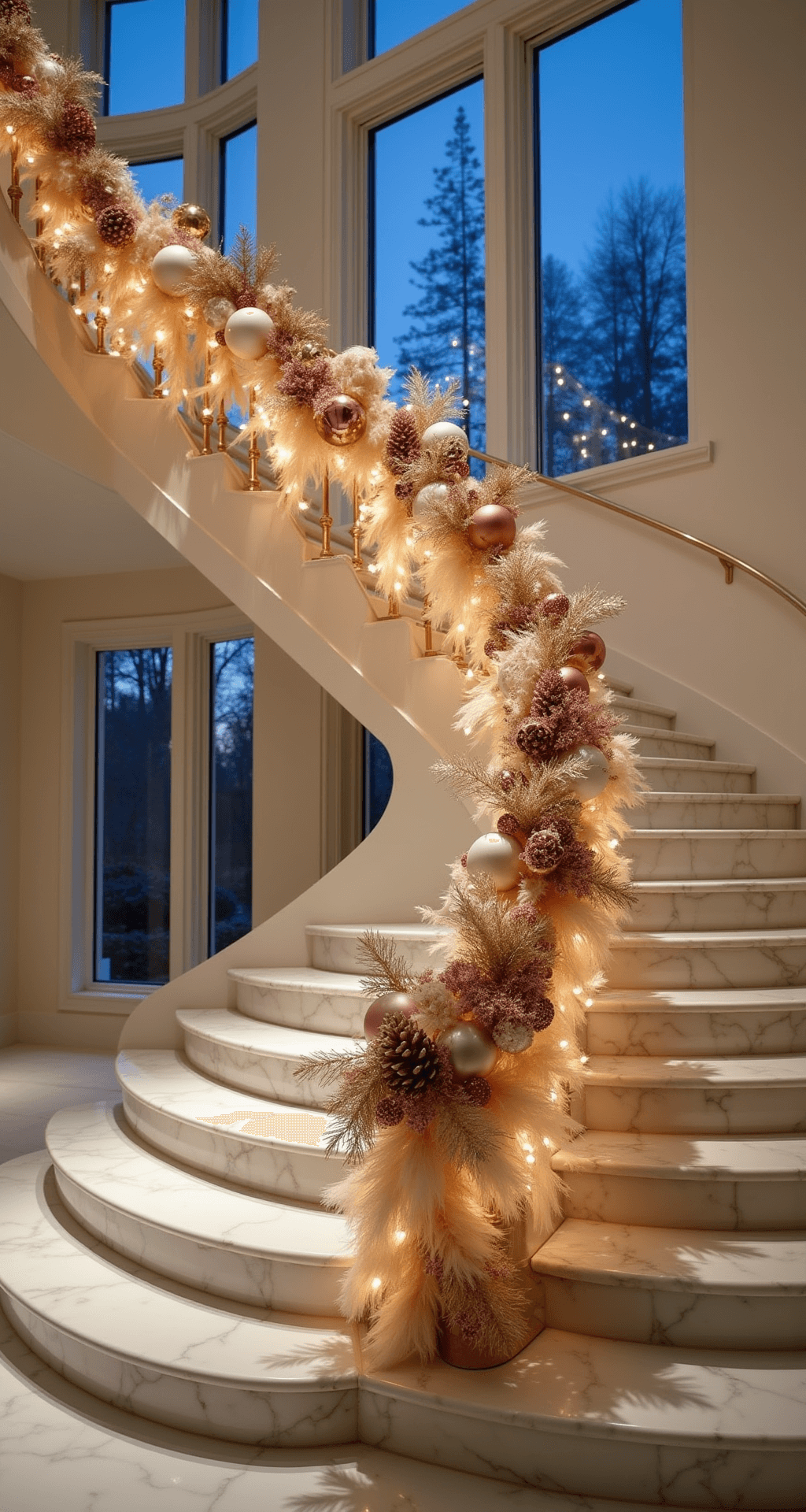 Magical Christmas Staircase Decor: Transform Your Home into a Festive Wonderland A luxurious curved marble staircase in a contemporary foyer, adorned with a polished brass handrail draped in champagne silk ribbon and crystal garland, illuminated by blue hour light and sparkling micro-lights, featuring rose gold and copper ornaments, white feather boas, and dramatic uplighting casting shadows on pearl-finished walls.