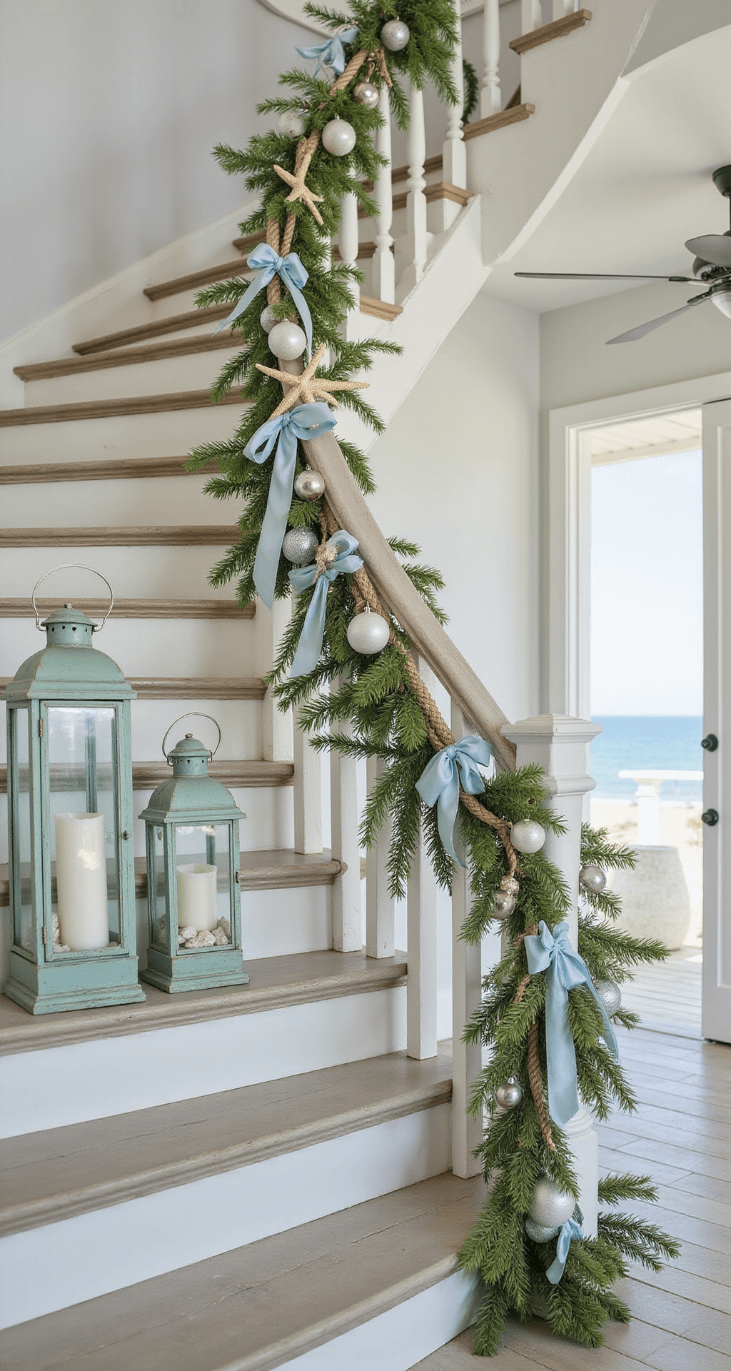 Magical Christmas Staircase Decor: Transform Your Home into a Festive Wonderland A whitewashed wooden staircase in a beach house entry adorned with seafoam green and silver garland, weathered rope, and starfish ornaments, illuminated by mercury glass lanterns with flameless candles and sea glass, while pale blue silk ribbons flutter in the breeze.