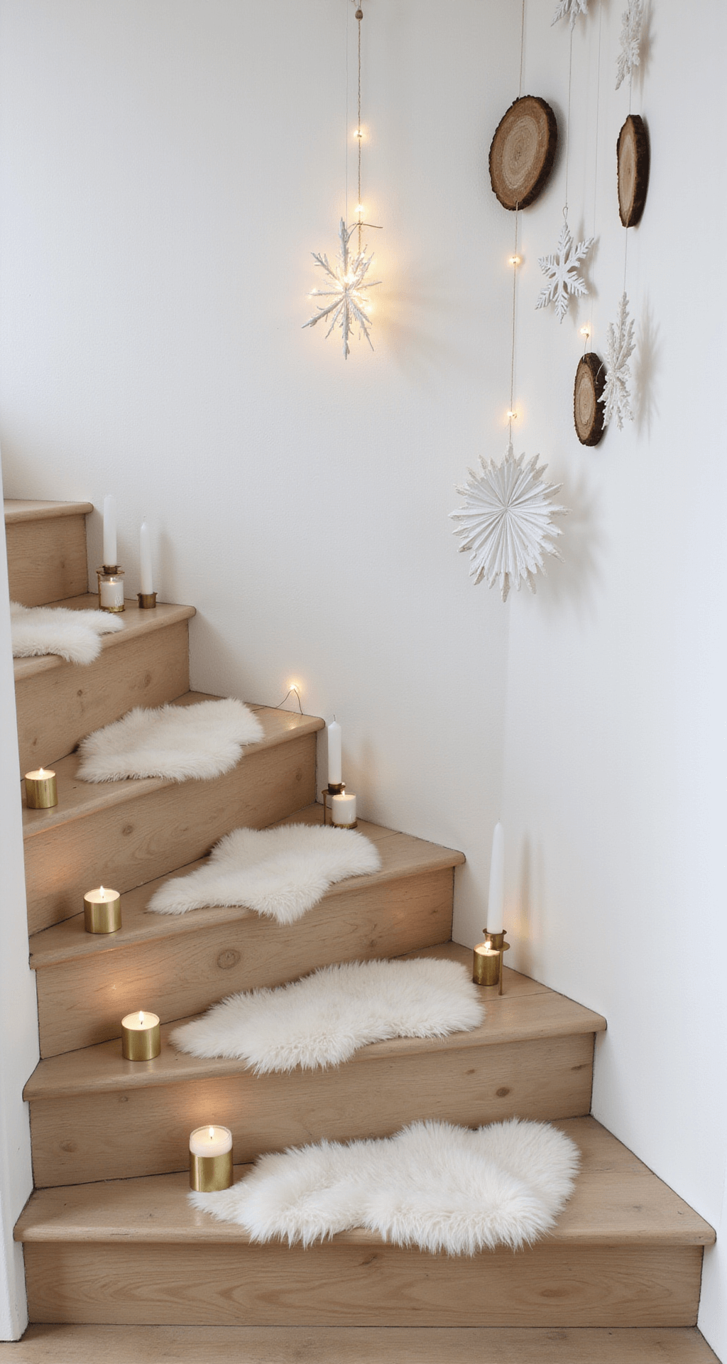 Magical Christmas Staircase Decor: Transform Your Home into a Festive Wonderland A minimalist Scandinavian interior featuring a blonde wood staircase adorned with white sheepskin runners, brass candleholders with white tapers, and suspended paper star lanterns, all illuminated by warm fairy lights against pure white walls. Geometric brass mobiles cast dancing shadows, creating a serene atmosphere during the first snowfall.