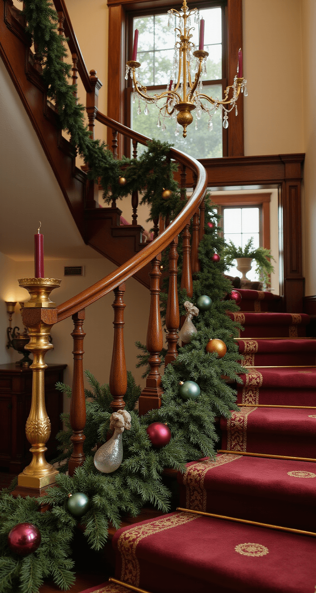 Magical Christmas Staircase Decor: Transform Your Home into a Festive Wonderland A luxurious Victorian foyer featuring a mahogany staircase, adorned with a burgundy velvet ribbon intertwined with dense cedar garland and vintage glass ornaments, illuminated by golden afternoon light, with brass candlesticks and a sparkling crystal chandelier above.