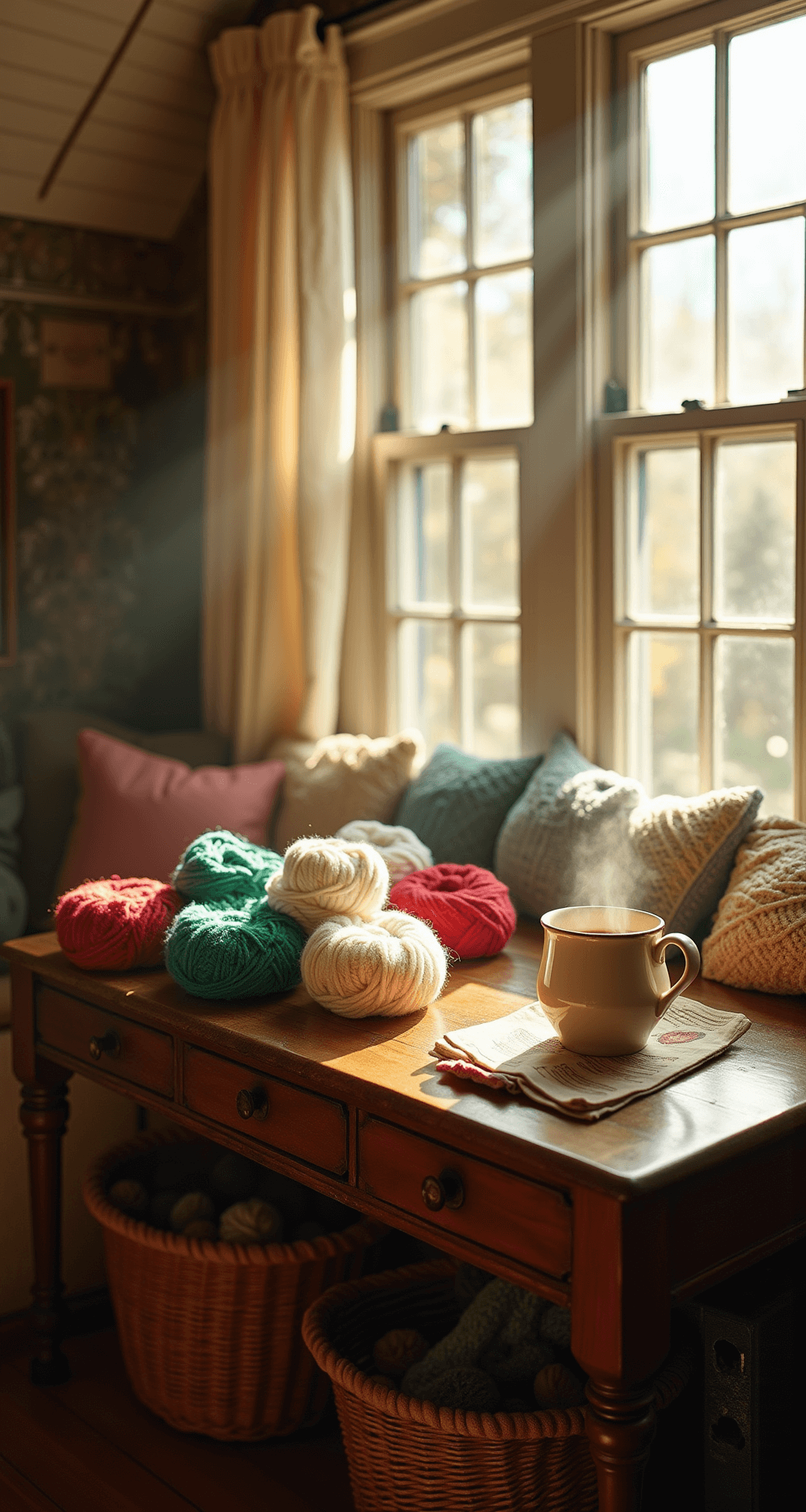 How to Create a Stunning Crochet Christmas Tree: A Complete DIY Guide A cozy crafting nook with a vintage wooden desk at a 45° angle, scattered with colorful yarn skeins and silver crochet hooks, bathed in warm afternoon light streaming through a bay window, featuring a steaming tea mug and soft textile-lined storage baskets.