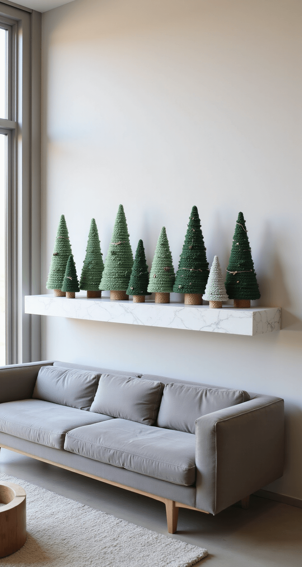How to Create a Stunning Crochet Christmas Tree: A Complete DIY Guide Modern minimalist living room with floor-to-ceiling windows showcasing handcrafted ombré crochet Christmas trees on a white marble shelf, illuminated by early morning light; Danish modern furniture in soft grays provides a neutral backdrop, captured with a 24mm wide-angle lens from a slight elevation.
