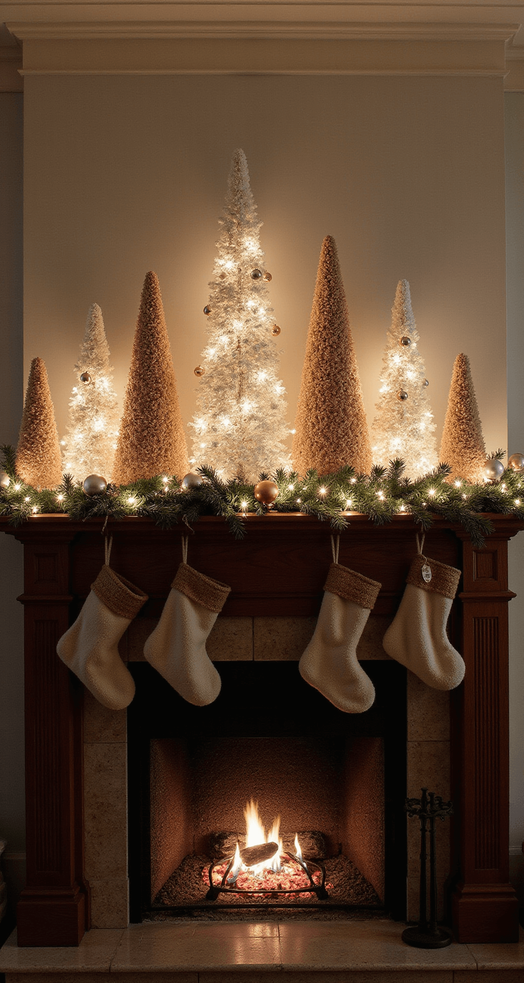 How to Create a Stunning Crochet Christmas Tree: A Complete DIY Guide Intimate holiday mantelscape in a traditional study featuring a rich mahogany mantel adorned with velvet stockings, surrounded by seven crochet trees in winter white and champagne tones, mercury glass ornaments, and intertwined copper wire lights, all bathed in warm dusk lighting from a crackling fireplace.