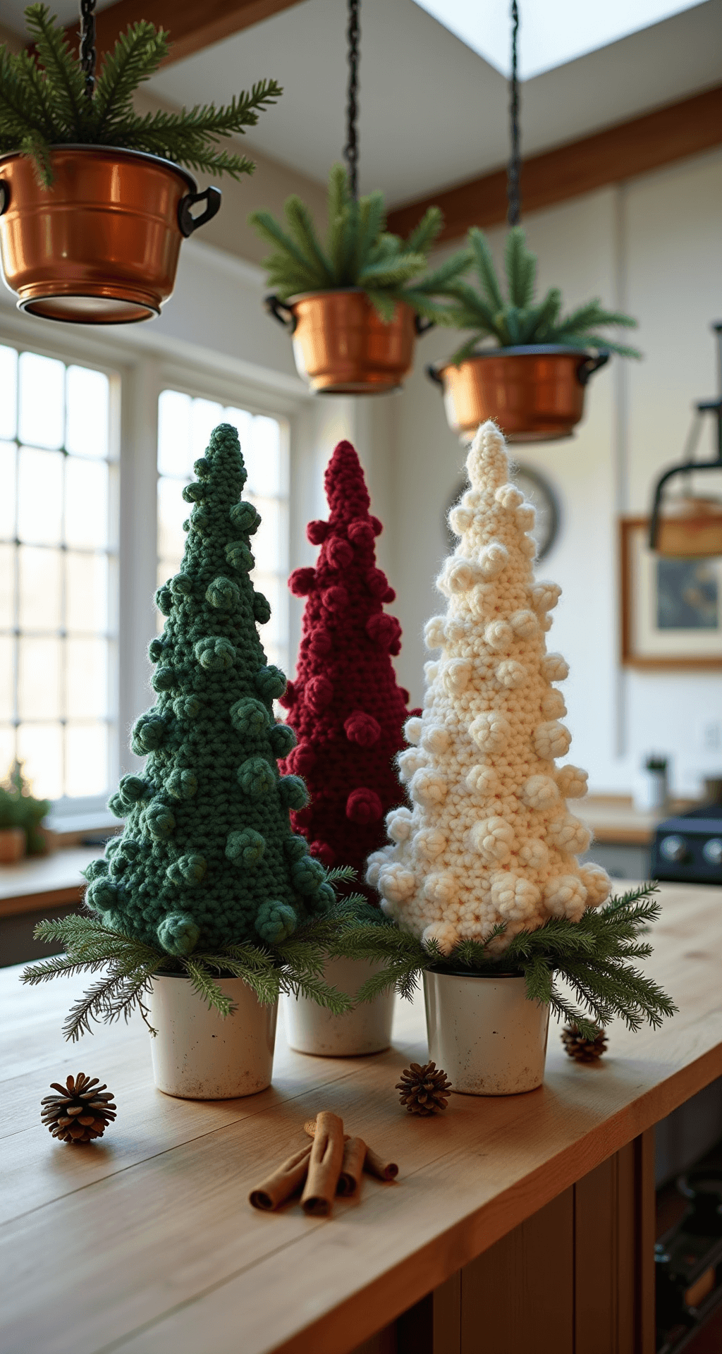 How to Create a Stunning Crochet Christmas Tree: A Complete DIY Guide A rustic farmhouse kitchen island featuring a large butcher block surface, illuminated by mid-morning natural light from a skylight. Vintage enamelware holds a trio of chunky-knit crochet trees in forest green, burgundy, and cream, alongside scattered fresh pine sprigs and cinnamon sticks. Copper pots hang overhead, adding warm background bokeh to the scene, captured from a 45° elevated angle.