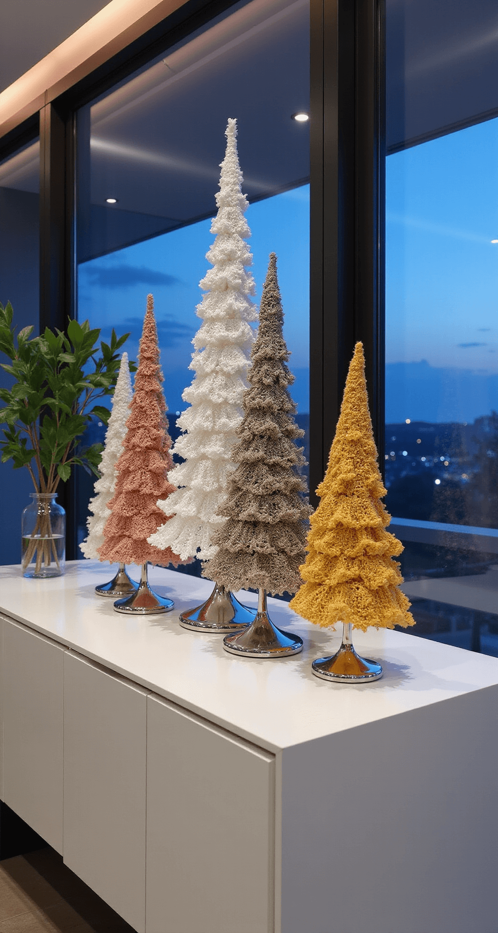 How to Create a Stunning Crochet Christmas Tree: A Complete DIY Guide Contemporary dining room vignette featuring an 8ft white lacquered sideboard, illuminated by blue hour light and warm LED accents, showcasing five geometrically-styled metallic crochet trees in silver, gold, and rose gold, with mirror-polished silver chargers as a reflective base, captured from a low angle to highlight height variations.