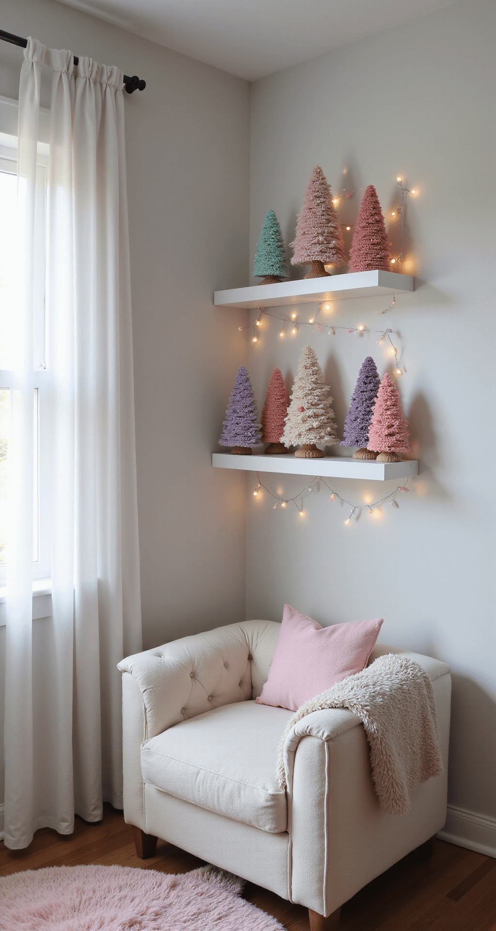 How to Create a Stunning Crochet Christmas Tree: A Complete DIY Guide A cozy child's reading nook in an 8x8ft corner, featuring mid-day diffused light, whimsical pastel crochet trees on white shelves, tiny fairy lights, and a plush reading chair with a faux fur throw, all captured from a child's eye level.