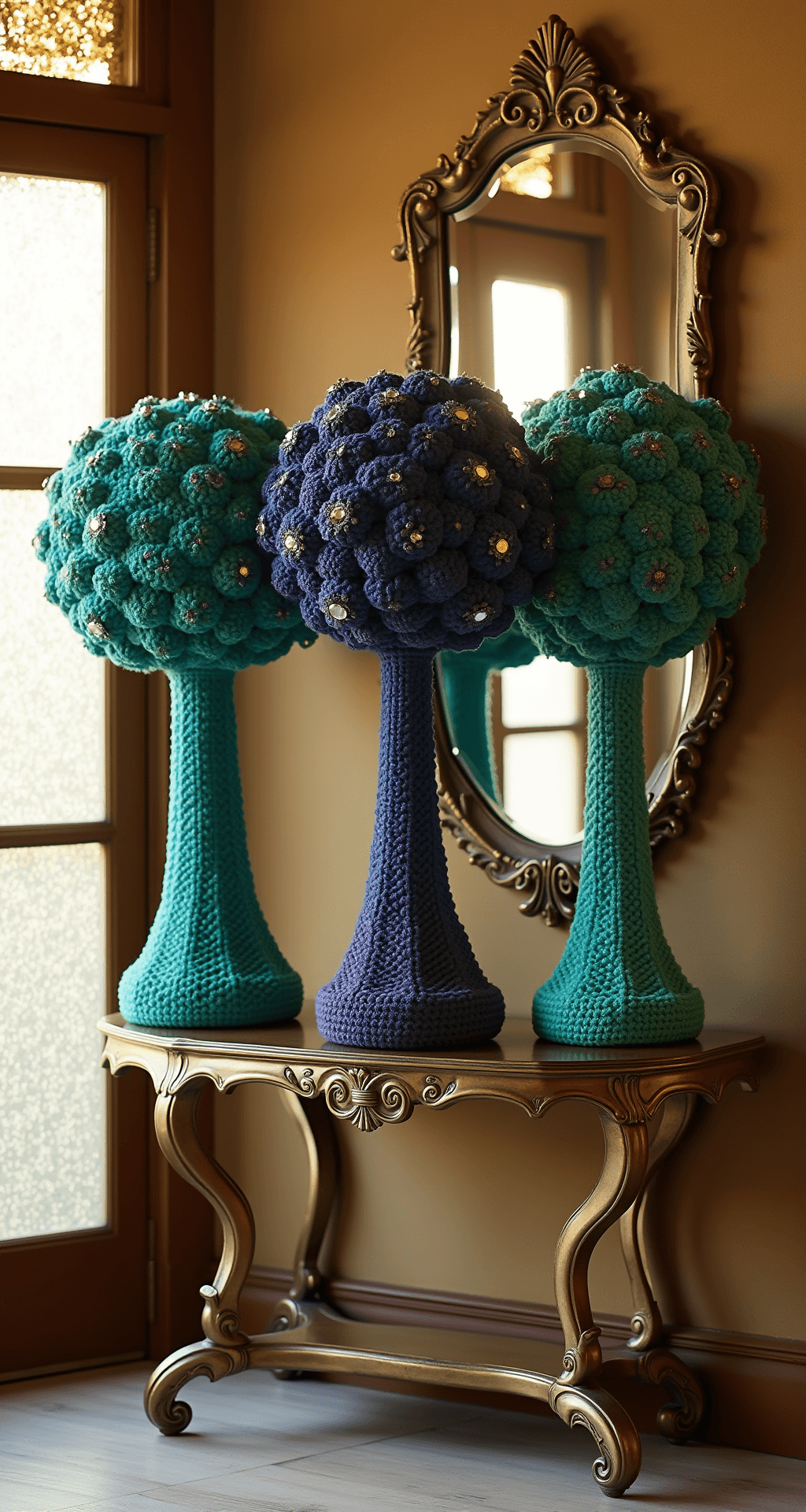 How to Create a Stunning Crochet Christmas Tree: A Complete DIY Guide A 5ft antique brass console table in a boutique entryway, decorated with three crochet trees in emerald, sapphire, and amethyst, adorned with vintage brooch pins, against grasscloth wallpaper, illuminated by golden hour light through a textured glass door; an Art Deco mirror above reflects the intricate details.