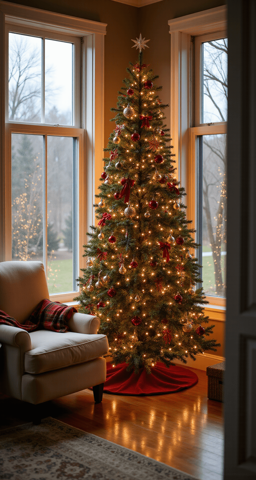 Create a Magical Christmas Tree Decor in Just 30 Minutes: Your Ultimate Guide Cozy living room at golden hour with a 7-foot Christmas tree in red and gold theme, tall windows, warm white lights, vintage glass ornaments, and a cream armchair with a tartan throw.