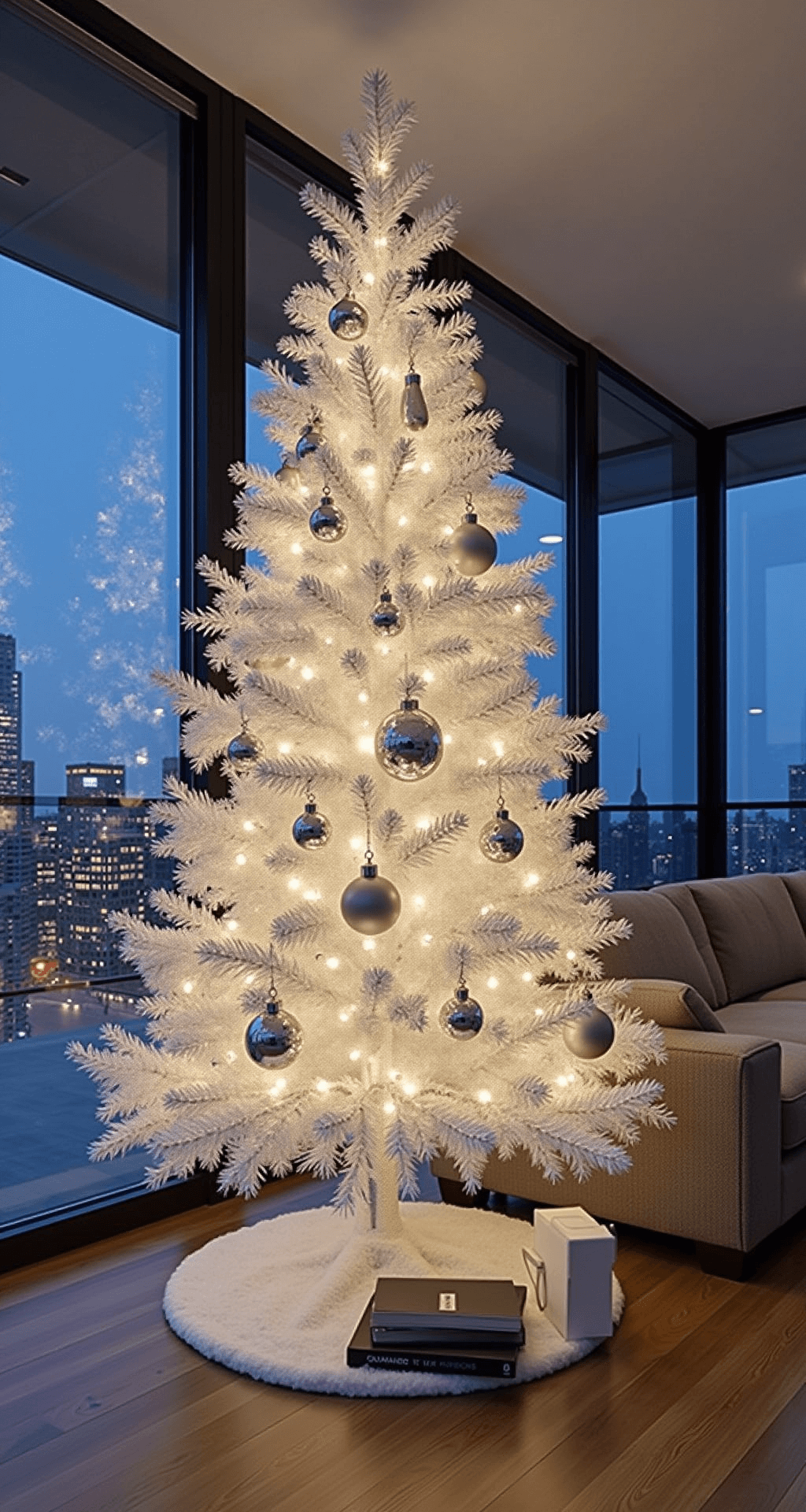 Create a Magical Christmas Tree Decor in Just 30 Minutes: Your Ultimate Guide A modern minimalist apartment living space at dusk, showcasing a 5ft white-flocked tree adorned with silver and white decorations. The scene captures reflections of blue-hour light from floor-to-ceiling windows, enhanced by chrome and glass ornaments. Ultra-thin warm LED strings provide an ethereal glow, with a contemporary gray sectional visible below, shot from a low angle to emphasize the tree's height and the modern ceiling lines.