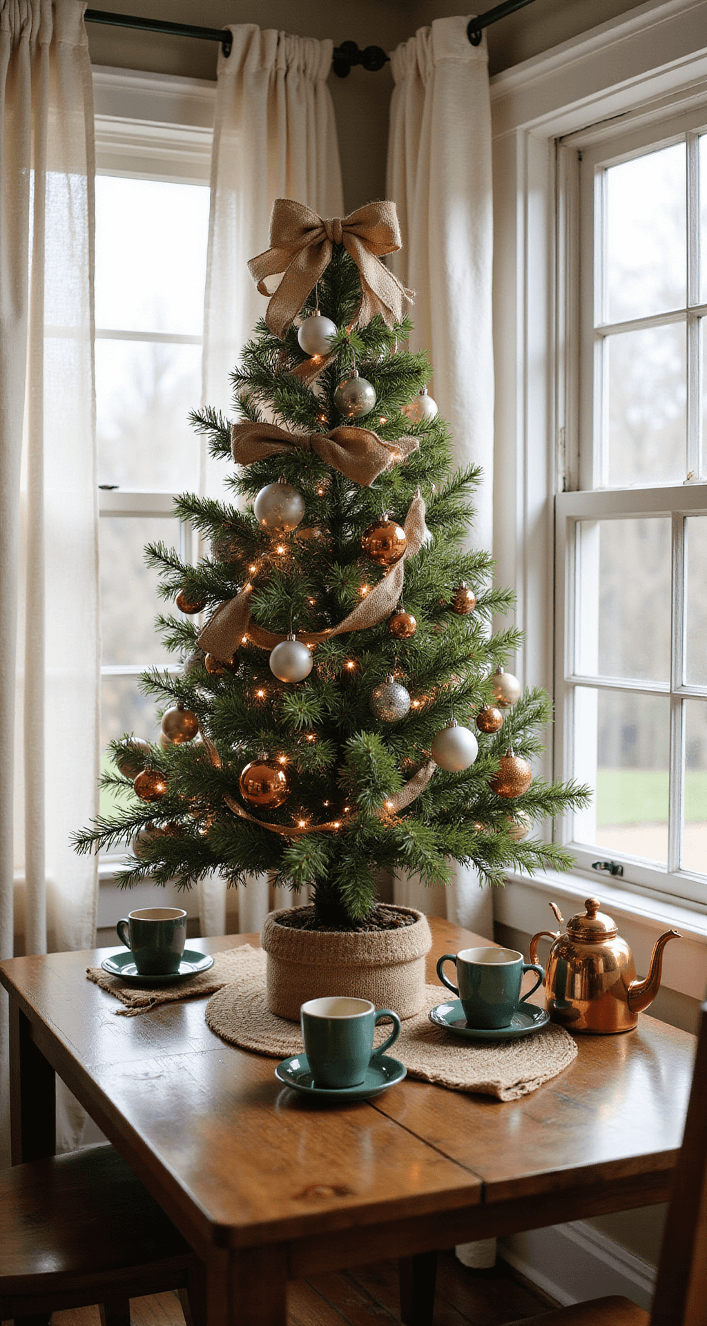 Create a Magical Christmas Tree Decor in Just 30 Minutes: Your Ultimate Guide A cozy breakfast nook featuring a 4ft tabletop tree decorated in copper and forest green, with natural light filtering through sheer curtains, illuminating metallic ornaments and burlap bows. A vintage copper kettle and green ceramic mugs are artfully arranged nearby, creating a warm and inviting morning atmosphere.
