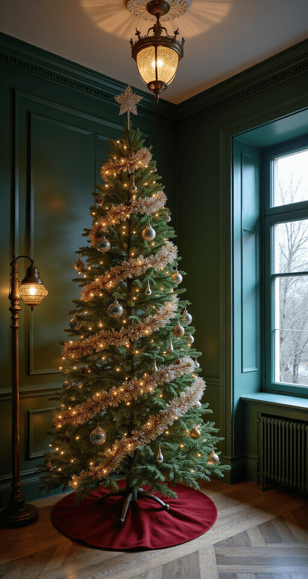 Create a Magical Christmas Tree Decor in Just 30 Minutes: Your Ultimate Guide A Victorian-style parlor at twilight featuring a 9ft traditional Christmas tree adorned with mixed metallic garlands and crystal ornaments, illuminated by a vintage chandelier. The room has deep emerald walls and an antique brass floor lamp, shot from a corner to emphasize the depth and grandeur of the tree.