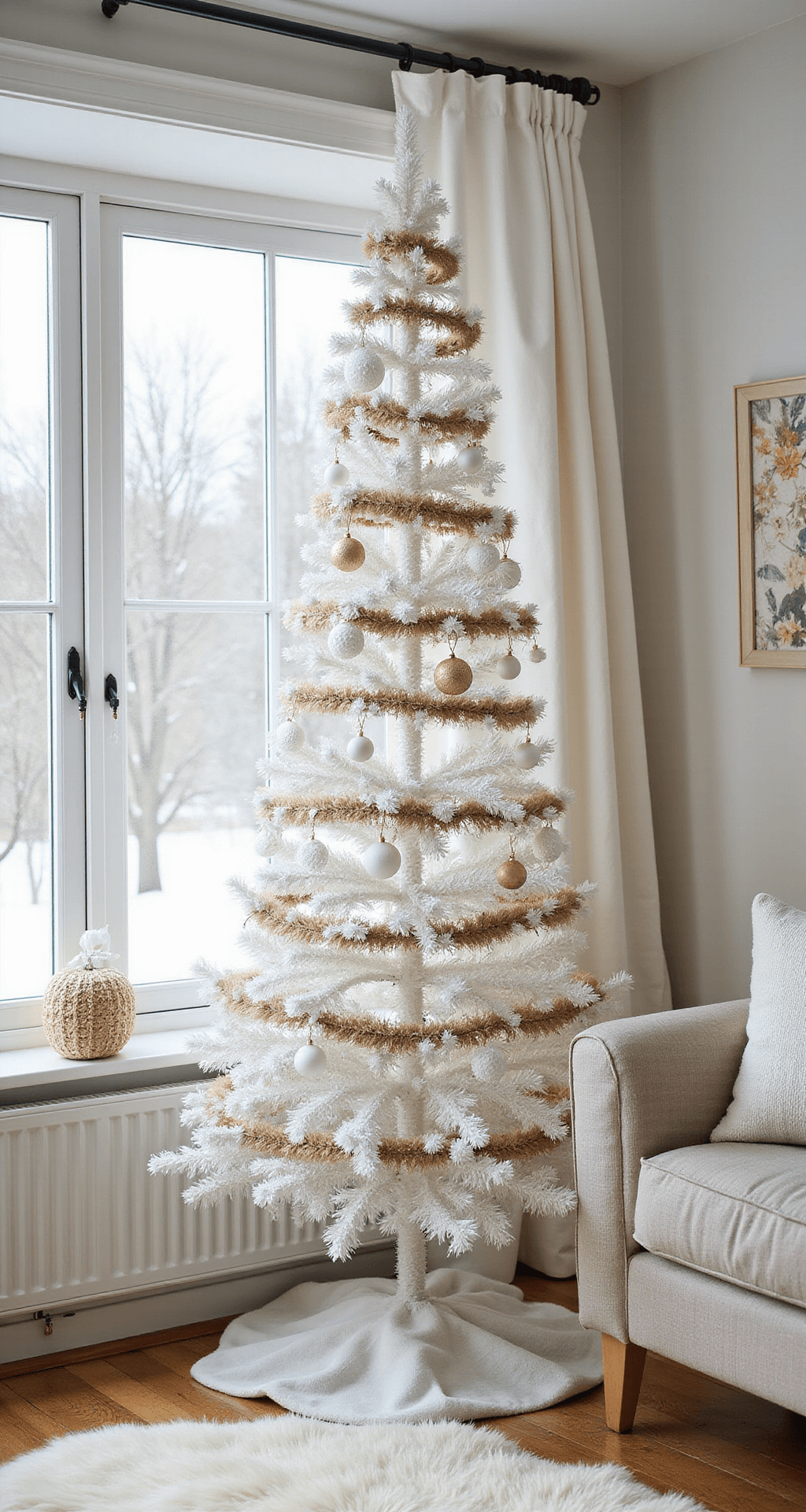 Create a Magical Christmas Tree Decor in Just 30 Minutes: Your Ultimate Guide A bright and airy Scandinavian-inspired sunroom featuring a 6ft slim white-decorated tree, natural jute garland, and paper snowflakes, with a sheepskin rug and blonde wood furniture, captured straight-on at midday for maximum clarity.