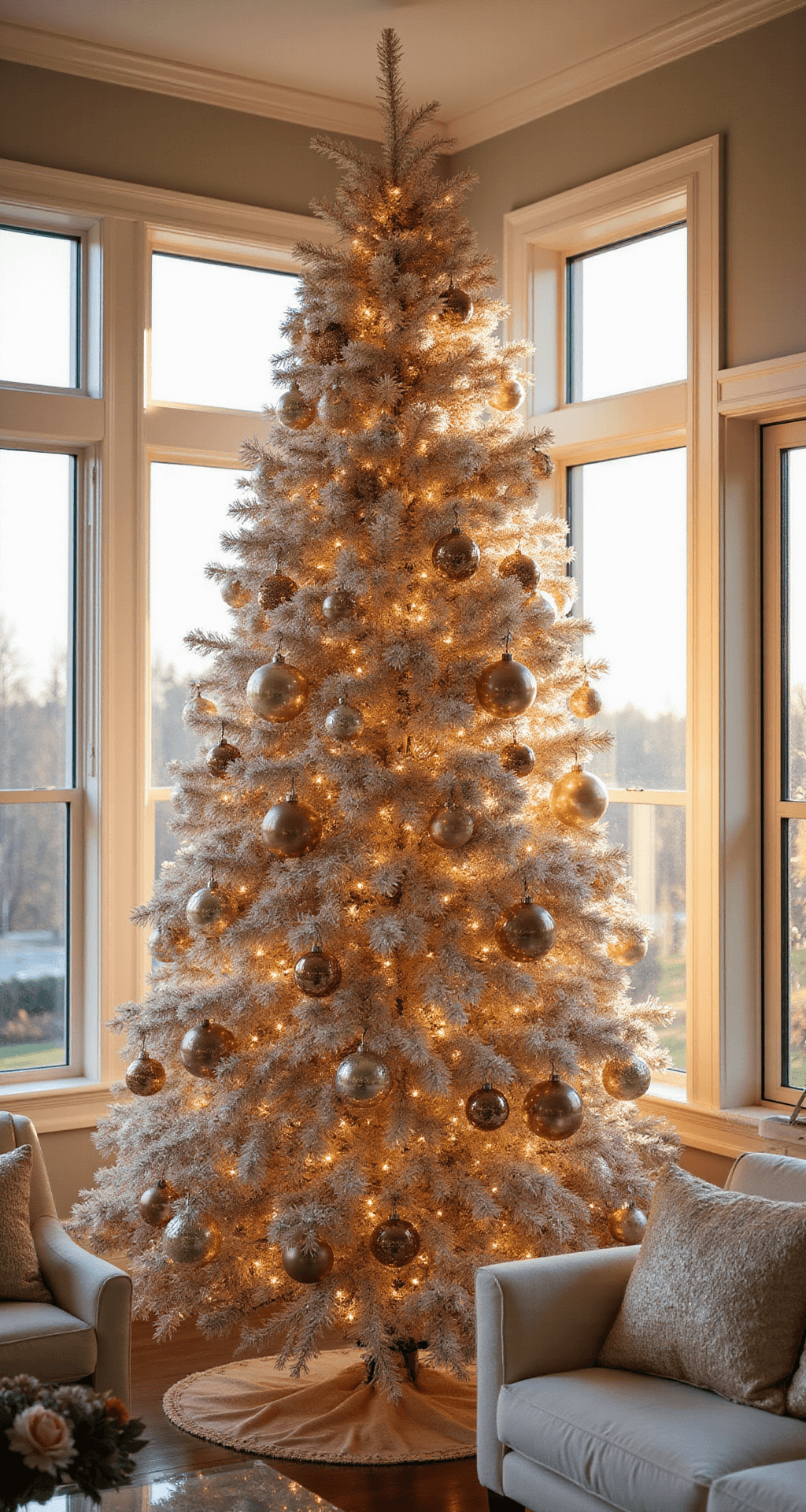 Champagne Christmas Tree: The Ultimate Guide to Luxe Holiday Decor A luxurious living room decorated for the holidays, featuring a tall champagne-colored Christmas tree adorned with gold, blush pink, and silvery bronze ornaments, illuminated by golden hour sunlight filtering through large windows. A plush cream sectional with metallic throw pillows complements the festive decor, while crystal garlands and oversized champagne bottle ornaments enhance the elegant atmosphere.