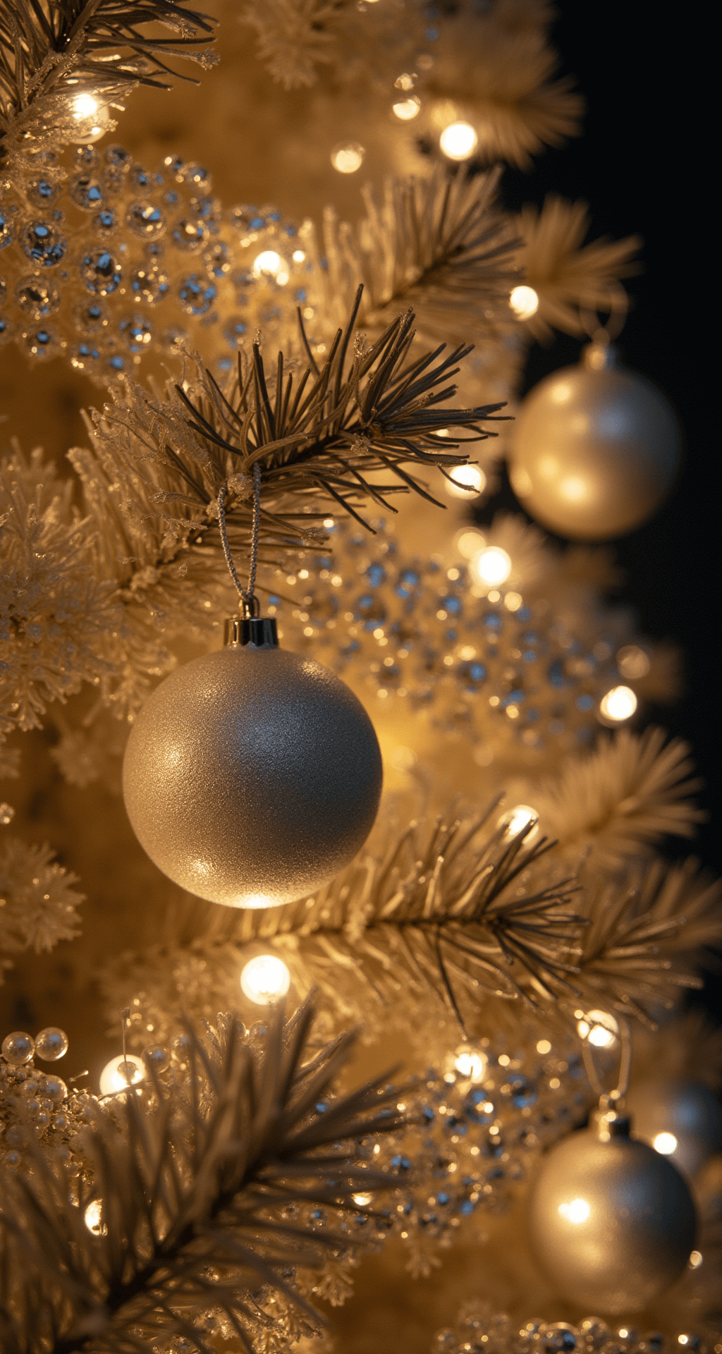 Champagne Christmas Tree: The Ultimate Guide to Luxe Holiday Decor Close-up of a champagne Christmas tree adorned with pearl strands, crystal garlands, and ribbon, featuring delicate glass ornaments reflecting warm LED light against a dark background.