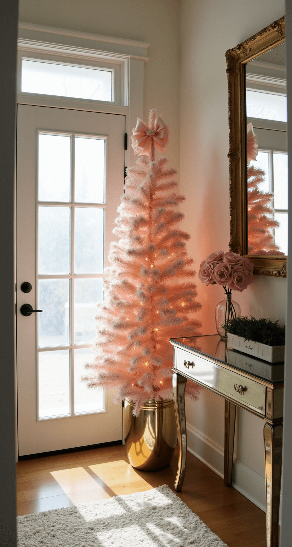 Champagne Christmas Tree: The Ultimate Guide to Luxe Holiday Decor A cozy entryway featuring a corner-positioned 6-foot champagne tree adorned in blush pink and soft gold decorations, illuminated by morning light streaming through frosted glass doors, with a mirrored console table below reflecting the warm ambiance.