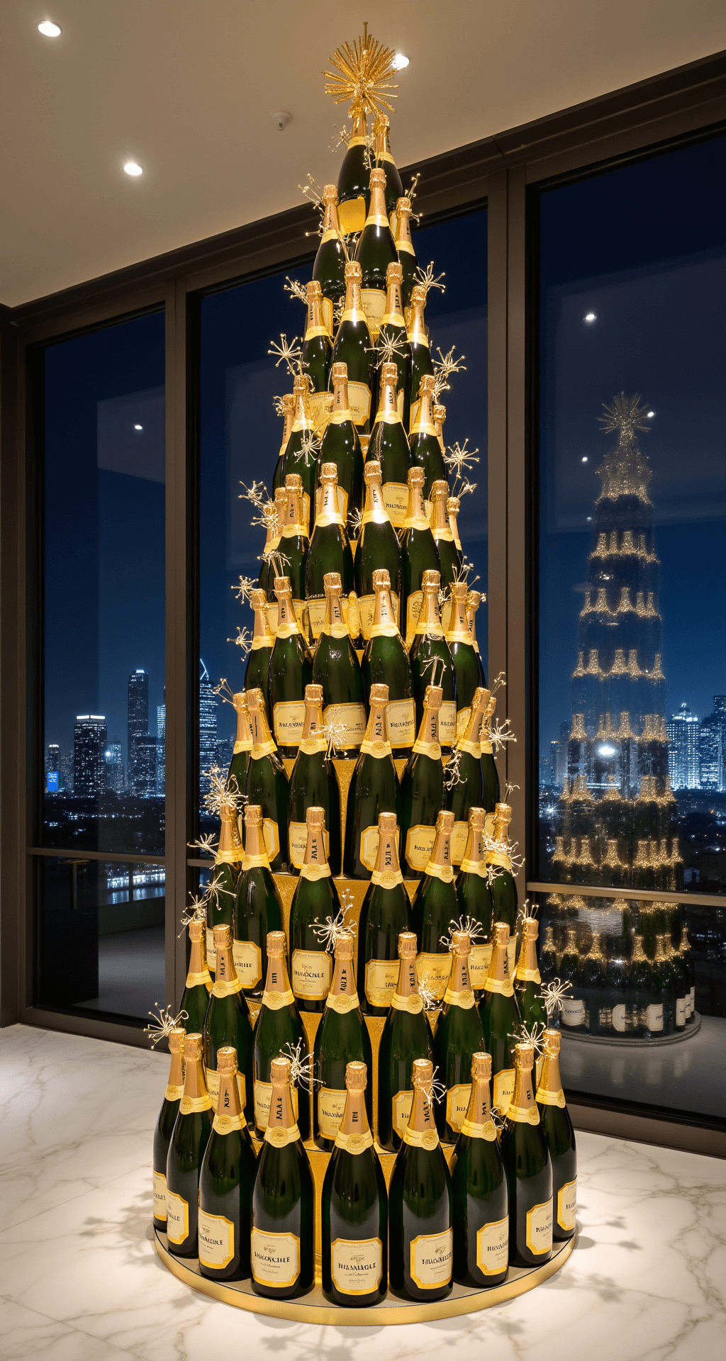 Champagne Christmas Tree: The Ultimate Guide to Luxe Holiday Decor A luxurious penthouse interior featuring a 10-foot illuminated champagne bottle tree at its center, surrounded by floor-to-ceiling city skyline views at night. The tree is adorned with crystal accents and metallic sprays, while white marble floors reflect the ambient lighting. The ultra-wide angle shot captures the grandeur of the space and creates dramatic shadows from multiple light sources.
