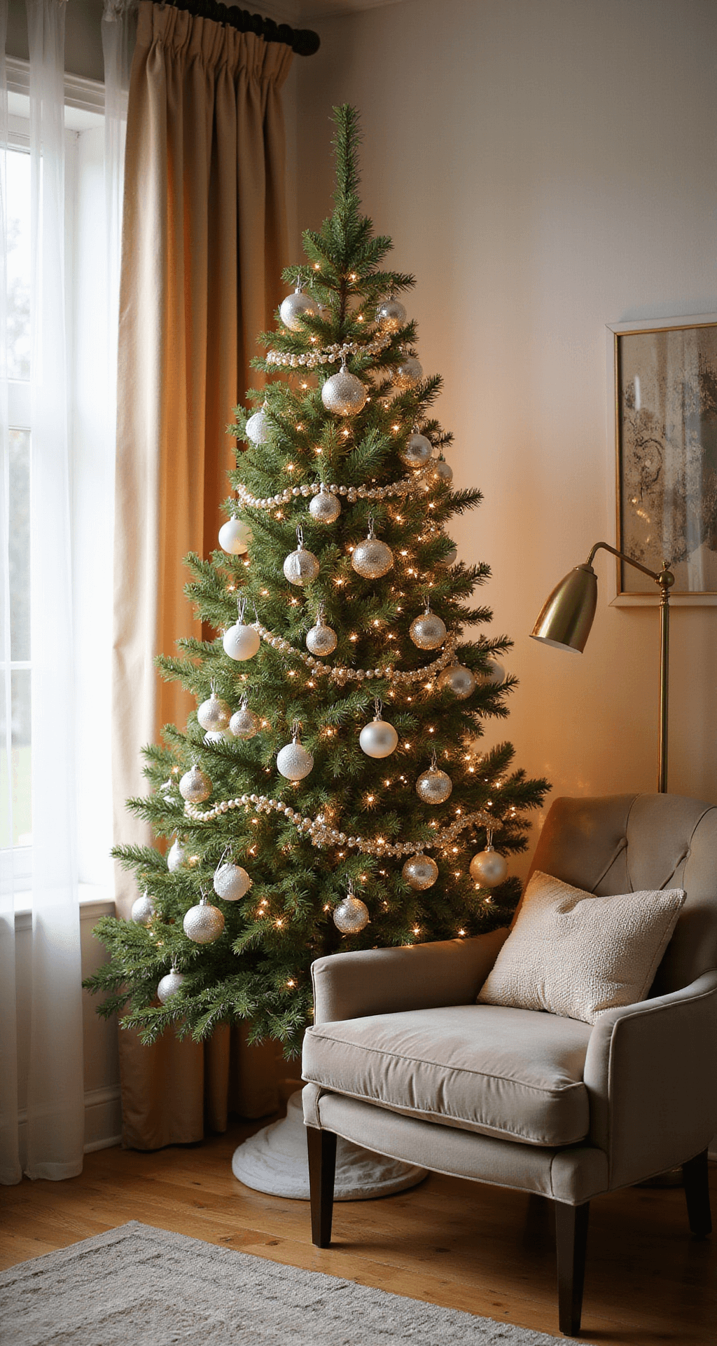 Champagne Christmas Tree: The Ultimate Guide to Luxe Holiday Decor Cozy winter reading corner with a 5-foot champagne tree adorned with bubble ornaments and pearl garlands, illuminated by afternoon sunlight through sheer curtains, framed by a velvet chair and brass floor lamp.