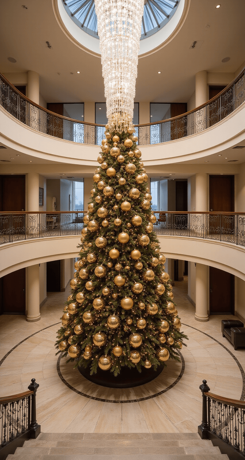 Champagne Christmas Tree: The Ultimate Guide to Luxe Holiday Decor A dramatic 12-foot champagne and gold Christmas tree adorned with oversized ornaments is centered in a grand two-story marble foyer, illuminated by a crystal chandelier above, creating prismatic light effects. A sweeping staircase curves around the scene, captured from a second-floor balcony for a grand perspective. Multiple light sources enhance the height and sparkle of the installation.