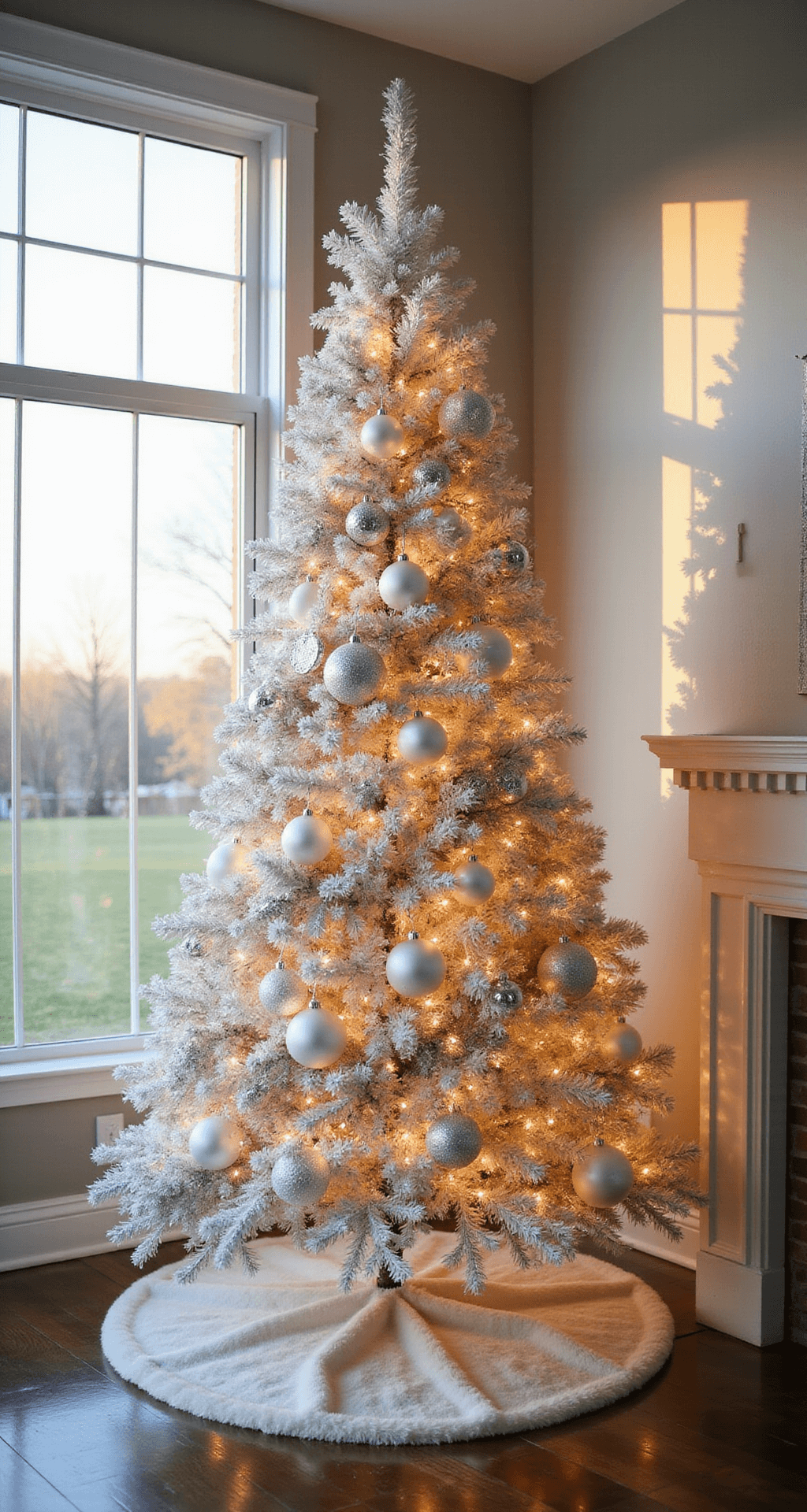 White Christmas Tree Decorations: Creating a Stunning Winter Wonderland A contemporary living room featuring a 9 ft white Christmas tree adorned with matte and glossy white ornaments, pearl sprays, and silver accents, illuminated by golden hour light streaming through floor-to-ceiling windows.