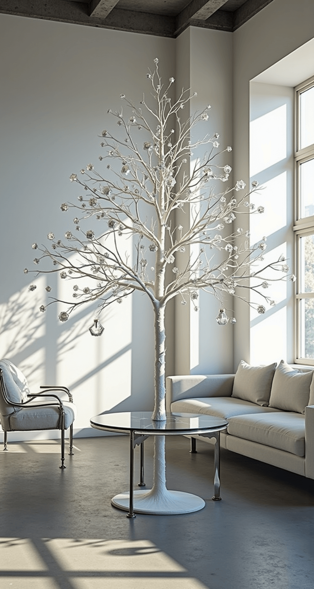 White Christmas Tree Decorations: Creating a Stunning Winter Wonderland A modern minimalist open concept space featuring concrete floors and white walls, illuminated by natural light from industrial windows. In the center stands a 7 ft white artificial tree adorned with geometric crystal and metallic ornaments, surrounded by chrome and glass furniture. The low-angle shot emphasizes clean lines and negative space, casting dramatic shadows that accentuate the ornament's facets.