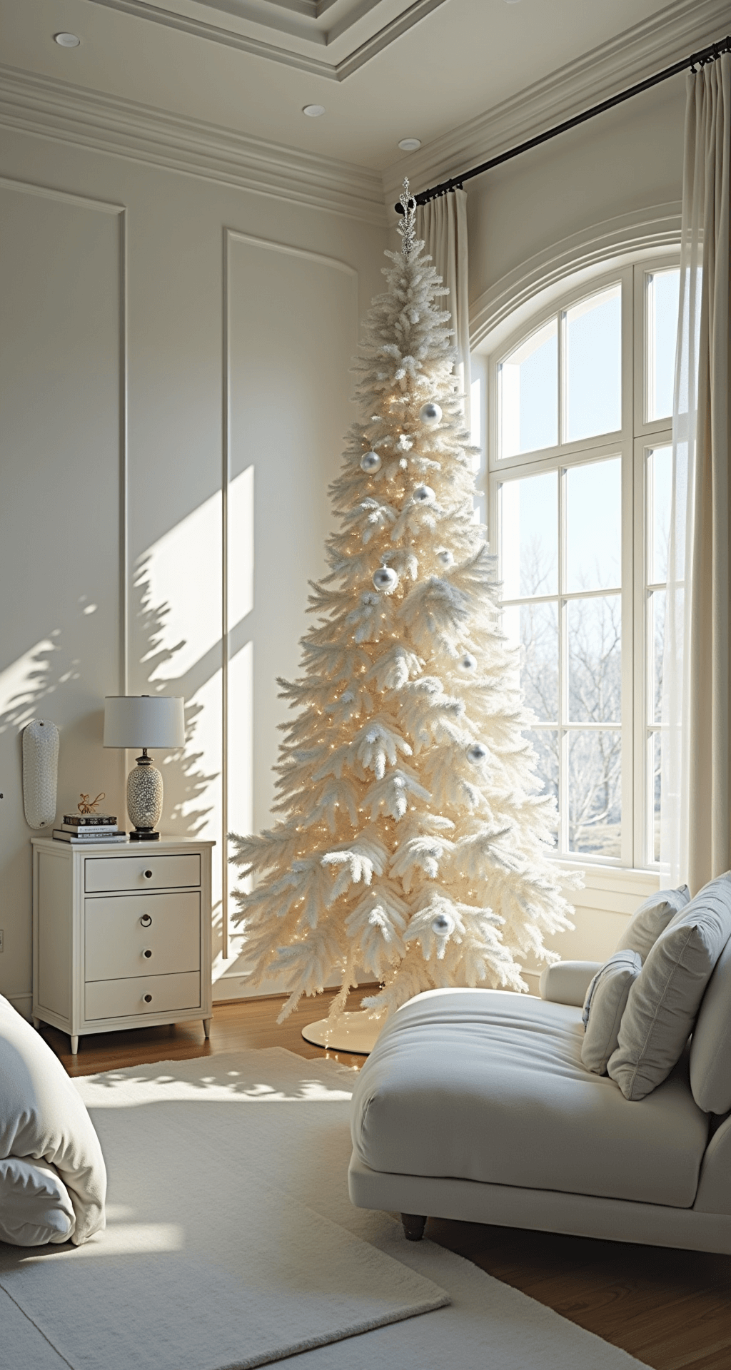 White Christmas Tree Decorations: Creating a Stunning Winter Wonderland Luxurious master bedroom suite featuring a tray ceiling and bay window, softly illuminated by early morning light. A 7.5 ft slim white Christmas tree adorned with feathers, glass icicles, and matte white balls, topped with an oversized pearl and crystal ornament, is complemented by a white velvet chaise lounge nearby. The scene is captured from a corner angle to enhance depth, with natural light mixed with soft fill creating gentle shadows.