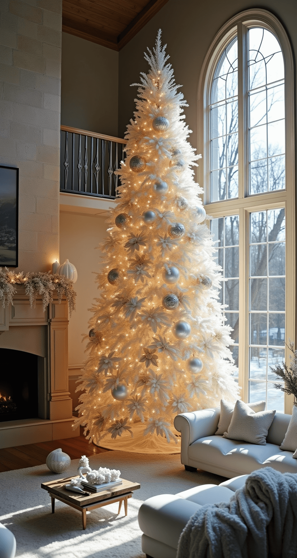 White Christmas Tree Decorations: Creating a Stunning Winter Wonderland A spacious great room with a cathedral ceiling features a stone fireplace and arched windows allowing late afternoon winter light to filter in. A tall white tree adorned with cascading crystal garlands, oversized white poinsettias, and mercury glass ornaments takes center stage. White fur throws and pillows complement the tree's texture, while dramatic shadows are cast by the flickering firelight. The image is captured from a high-angle shot on a balcony, showcasing the entire room's composition.