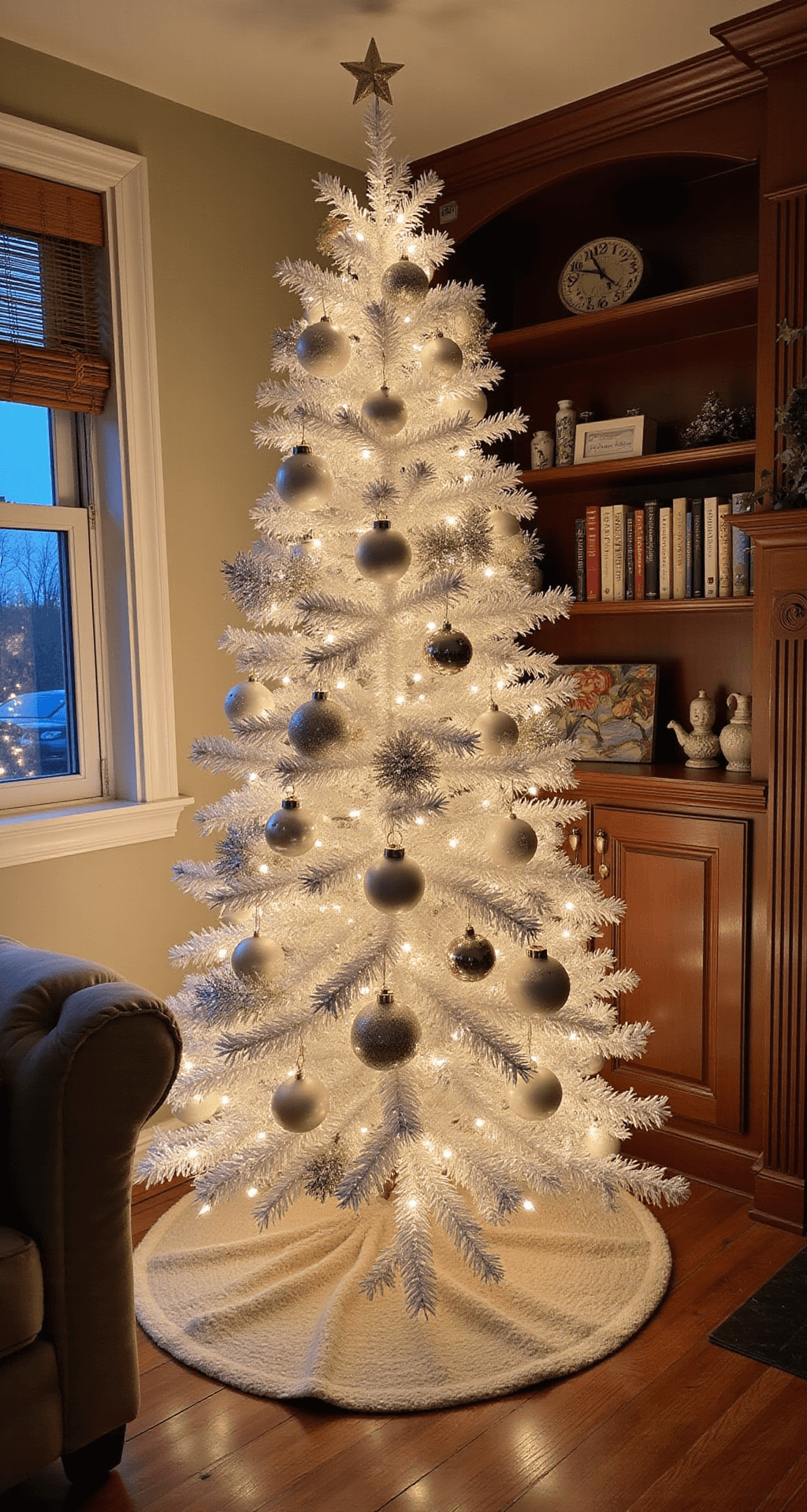 White Christmas Tree Decorations: Creating a Stunning Winter Wonderland Cozy family room featuring built-in bookshelves, an 8.5 ft white Christmas tree adorned with vintage decorations, and warm golden hour lighting enhanced by LED tree lights, all complemented by a white knit tree skirt.
