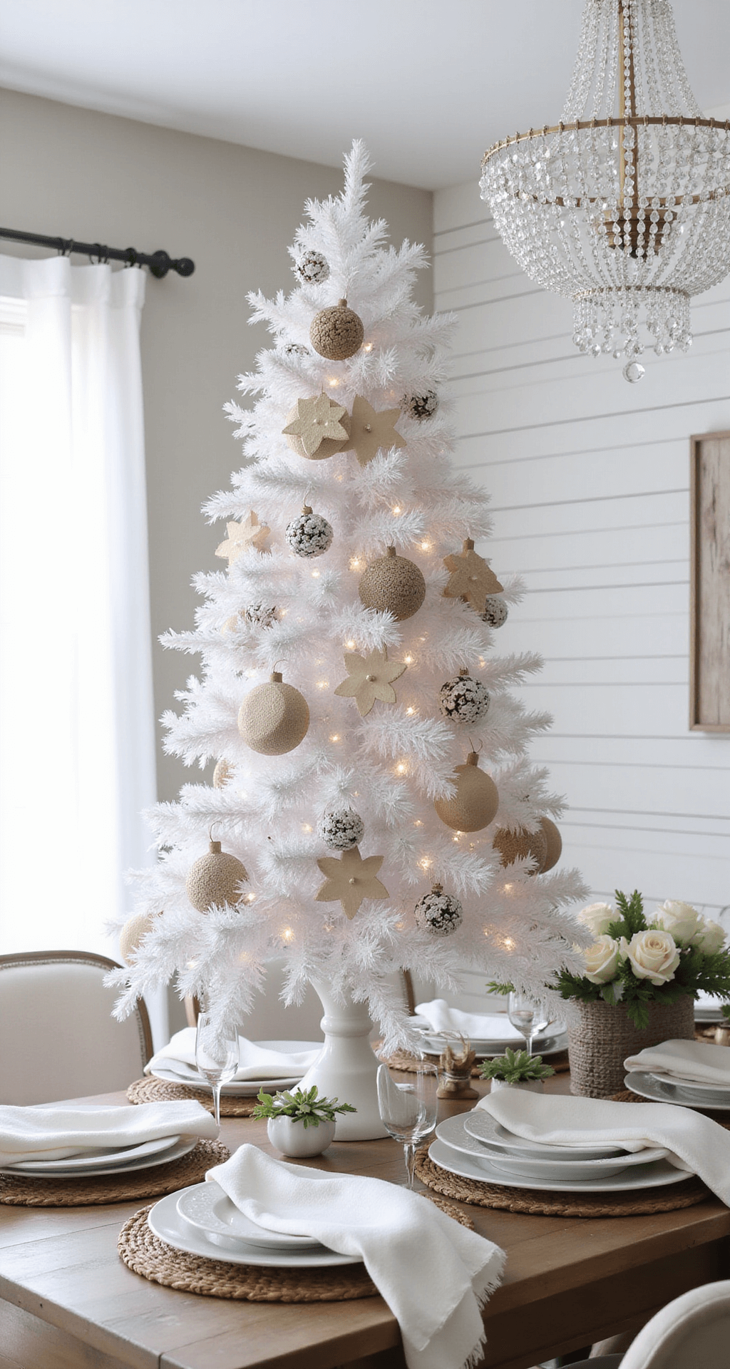 White Christmas Tree Decorations: Creating a Stunning Winter Wonderland A modern farmhouse dining room featuring shiplap walls and a crystal chandelier, with a 9 ft white Christmas tree decorated with natural elements. A white ceramic table setting complements the tree decor, illuminated by midday diffused light through white sheers.