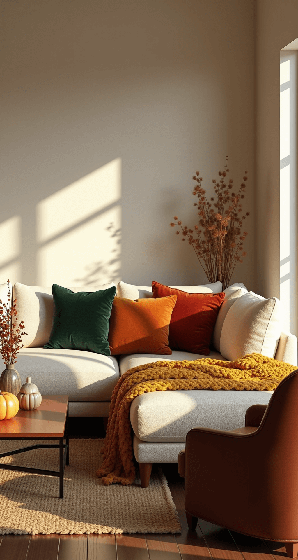 Fall Living Room Decor: Transform Your Space into an Autumnal Haven Photorealistic living room in fall colors, featuring cream walls, dark hardwood floors, a beige sectional sofa with autumn-hued pillows, a golden yellow knit blanket, ceramic pumpkins on a coffee table, and a brown leather accent chair, all bathed in warm, golden hour light.