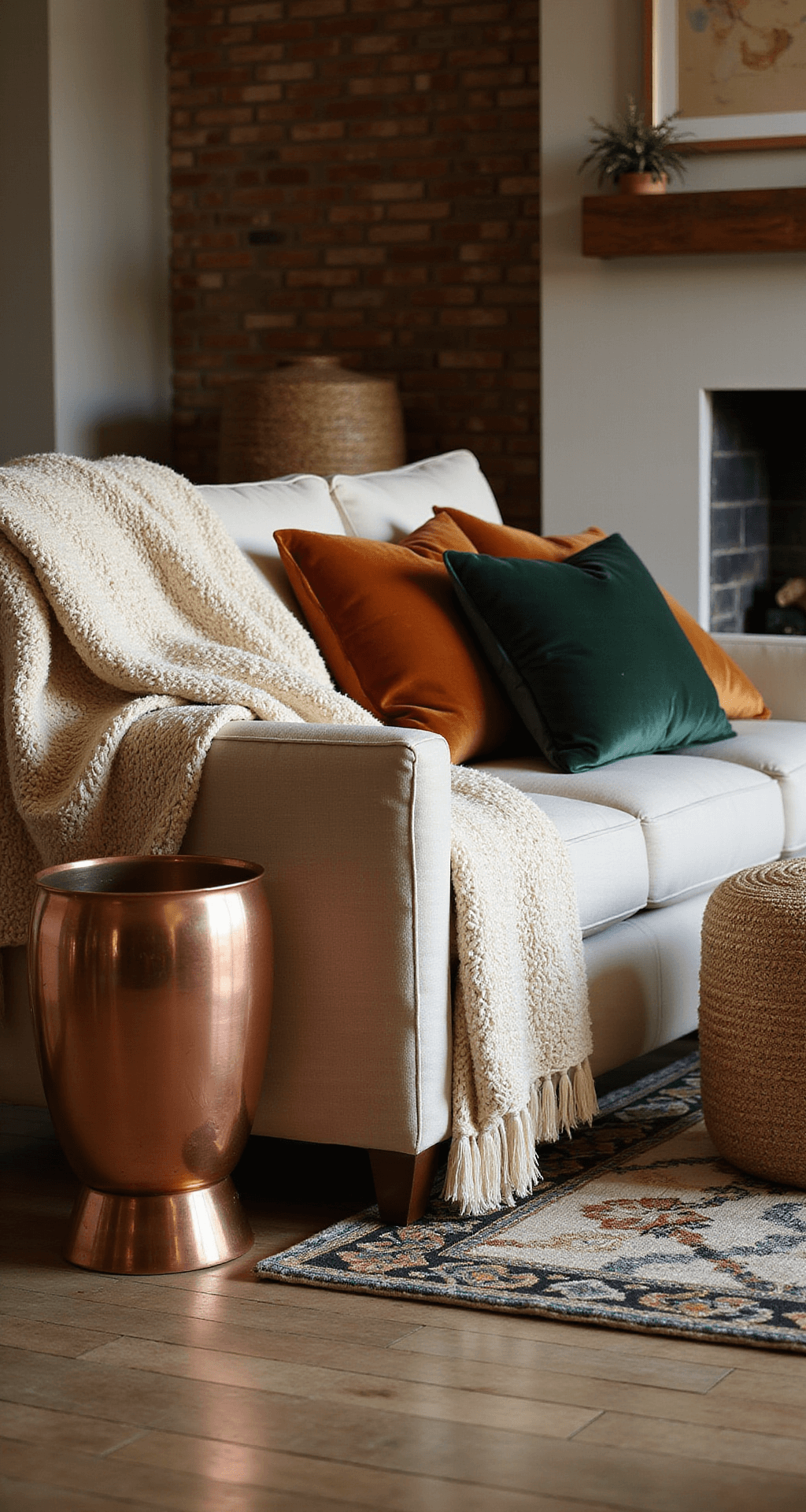 Fall Living Room Decor: Transform Your Space into an Autumnal Haven Interior shot of a textured fall living room featuring an exposed brick wall, oversized sectional with cream and rust throw blankets, velvet pillows in green and orange, and a geometric wool rug, all illuminated by warm afternoon light to create a cozy autumn atmosphere.