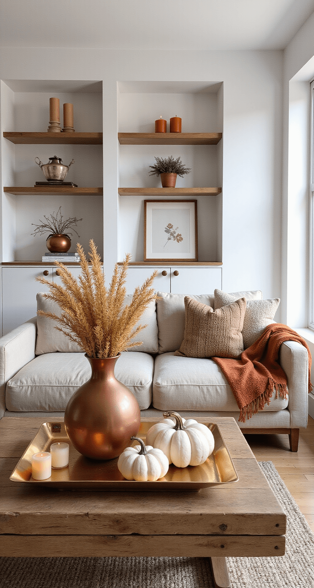 Fall Living Room Decor: Transform Your Space into an Autumnal Haven A photorealistic autumn living room with white walls and light oak floors, featuring a neutral linen sofa adorned with fall accessories like ceramic pumpkins, dried pampas grass, and cinnamon-colored candles, all captured in soft morning light.