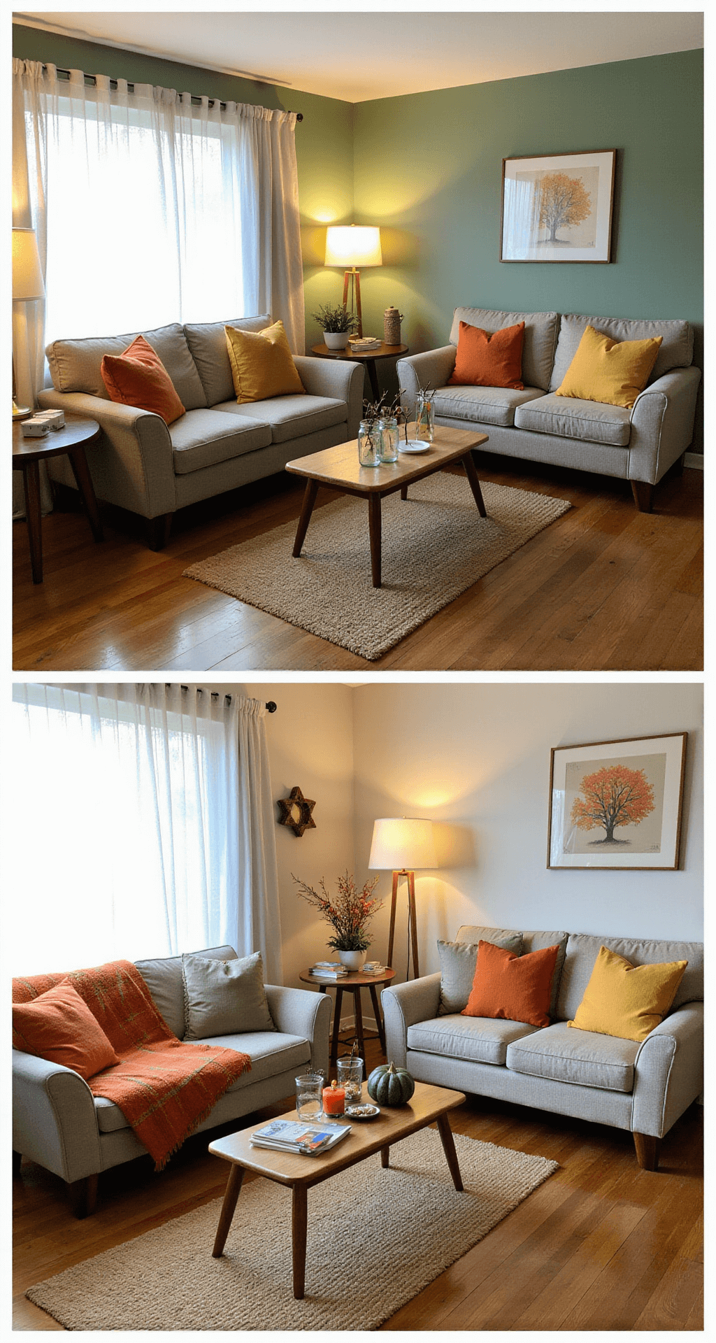 Fall Living Room Decor: Transform Your Space into an Autumnal Haven A cozy mid-century modern living room featuring a sage green accent wall and vintage hardwood floors. Soft afternoon light filters through sheer curtains, illuminating repurposed furniture adorned with autumn textiles, including burnt orange and mustard yellow pillow covers, a plaid wool blanket, and DIY painted pumpkins. Natural elements like pinecones and branches are displayed in mason jars, creating an inviting atmosphere in a newly arranged intimate conversation area.