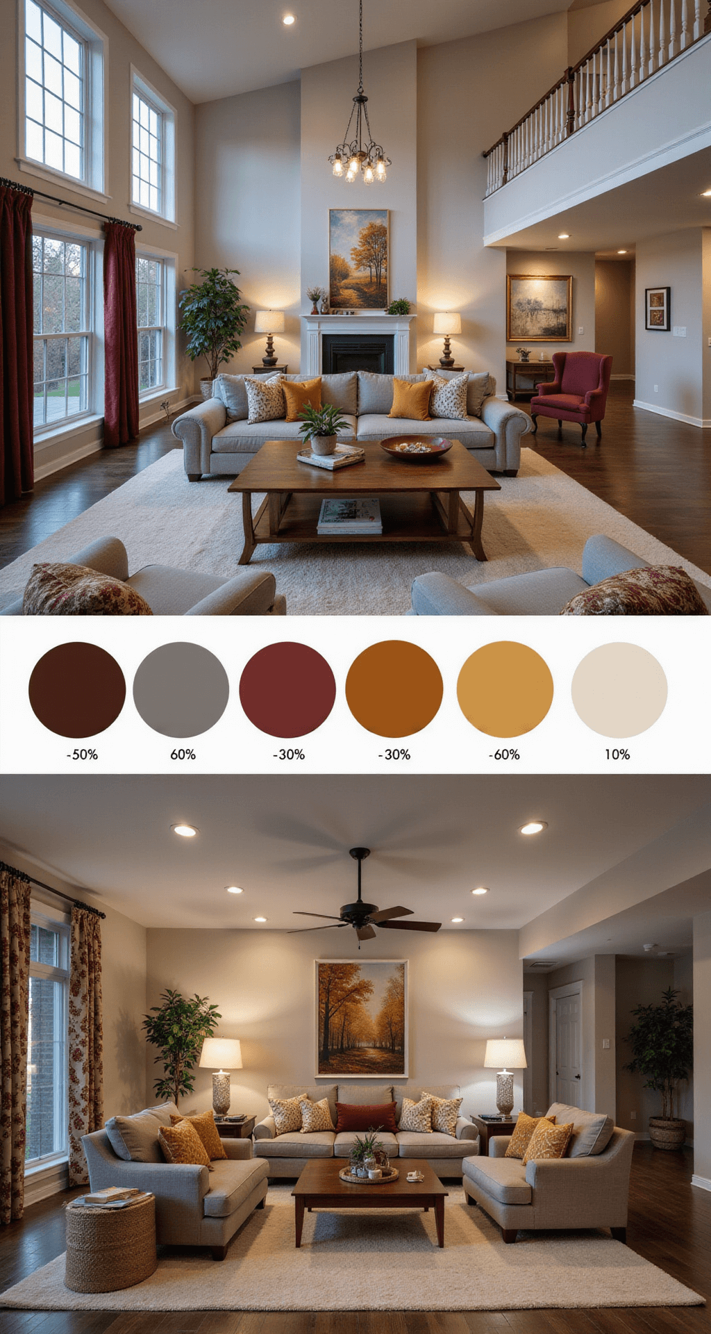 Fall Living Room Decor: Transform Your Space into an Autumnal Haven A beautifully decorated fall-themed living room showcasing a balanced color scheme: 60% neutral grays and creams in furniture, 30% warm autumn hues in pillows and curtains, and 10% bold burgundy accents. The spacious, open-plan area features vaulted ceilings and large windows, illuminated during blue hour with layered lighting. A rich mahogany coffee table, soft gray sectional, and cream area rug complement deep red and golden yellow pops of color throughout the space.