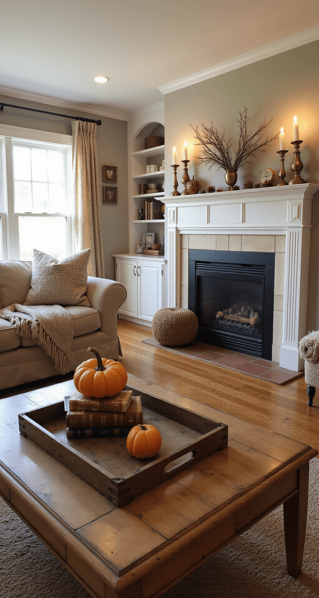 Fall Living Room Decor: Transform Your Space into an Autumnal Haven A beautifully styled fall living room featuring crown molding and hardwood floors, captured during golden hour with professional lighting. The scene includes a coffee table adorned with mini pumpkins, copper candles, and leather-bound books, a sofa with throw pillows arranged in a visual triangle, and an asymmetrically styled fireplace mantel with branches and vintage brass candlesticks. The room showcases layered textures with a faux fur throw, knitted pouf, and jute rug, all contributing to a warm, inviting autumn atmosphere.