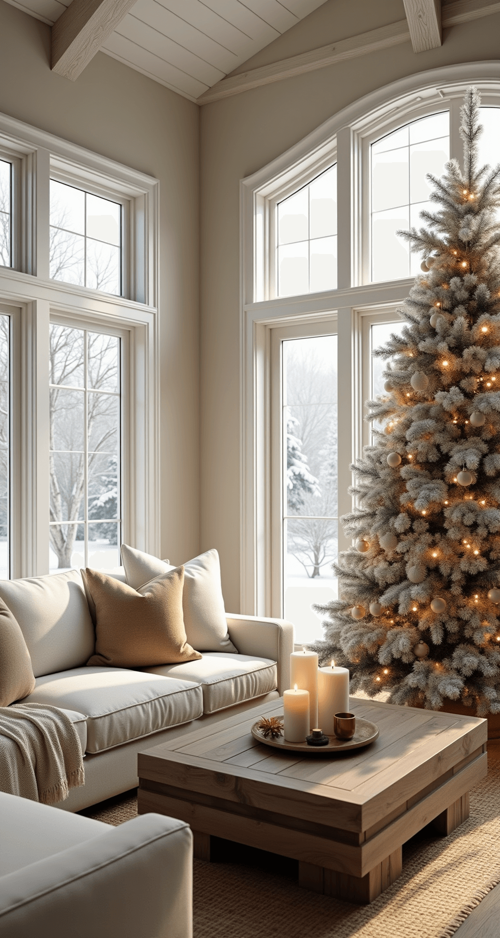 Neutral Christmas Decor: Creating a Serene Holiday Sanctuary Photorealistic wide-angle view of a spacious living room decorated for Christmas, featuring a vaulted ceiling with white oak beams, a flocked Fraser fir tree with wooden ornaments, a cream linen sectional sofa, and a reclaimed barn wood coffee table, all illuminated by soft winter morning light.