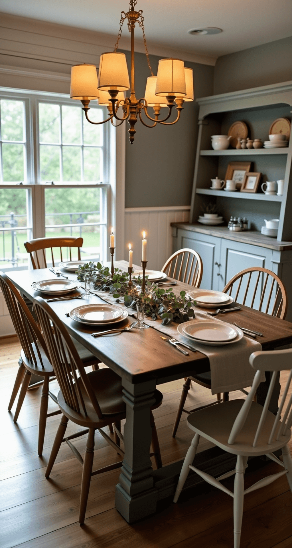 Neutral Christmas Decor: Creating a Serene Holiday Sanctuary Intimate dining room scene at twilight featuring a rustic farmhouse table set for eight, adorned with natural linen and ceramic dinnerware, surrounded by aged cream Windsor chairs, under warm lighting from a vintage brass chandelier, with soft greige walls and honey oak hardwood floors.