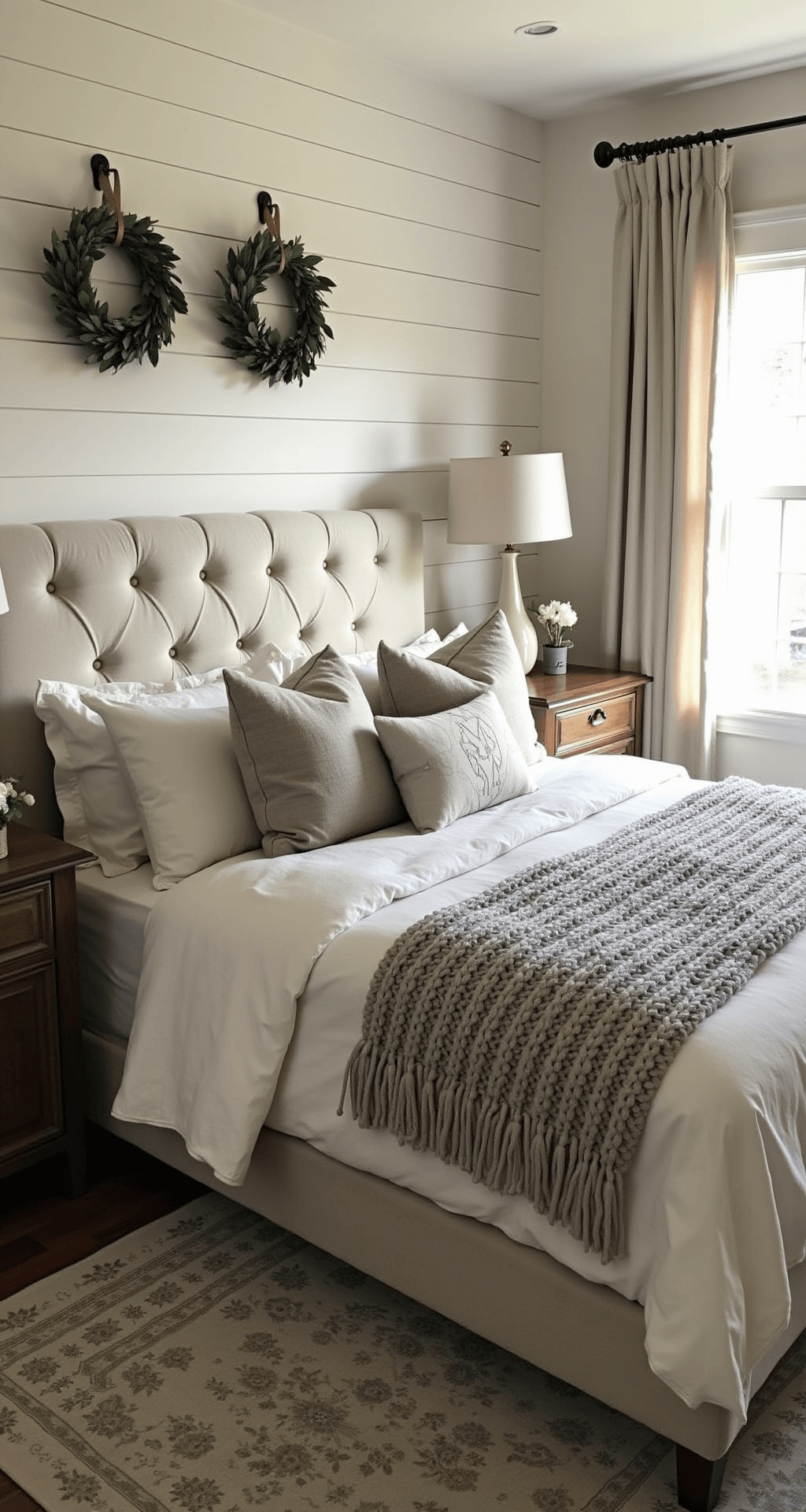 Neutral Christmas Decor: Creating a Serene Holiday Sanctuary Cozy master bedroom with tufted linen headboard, layered bedding, reclaimed wood nightstands, and vintage Persian rug, softly lit by morning light through blackout curtains.