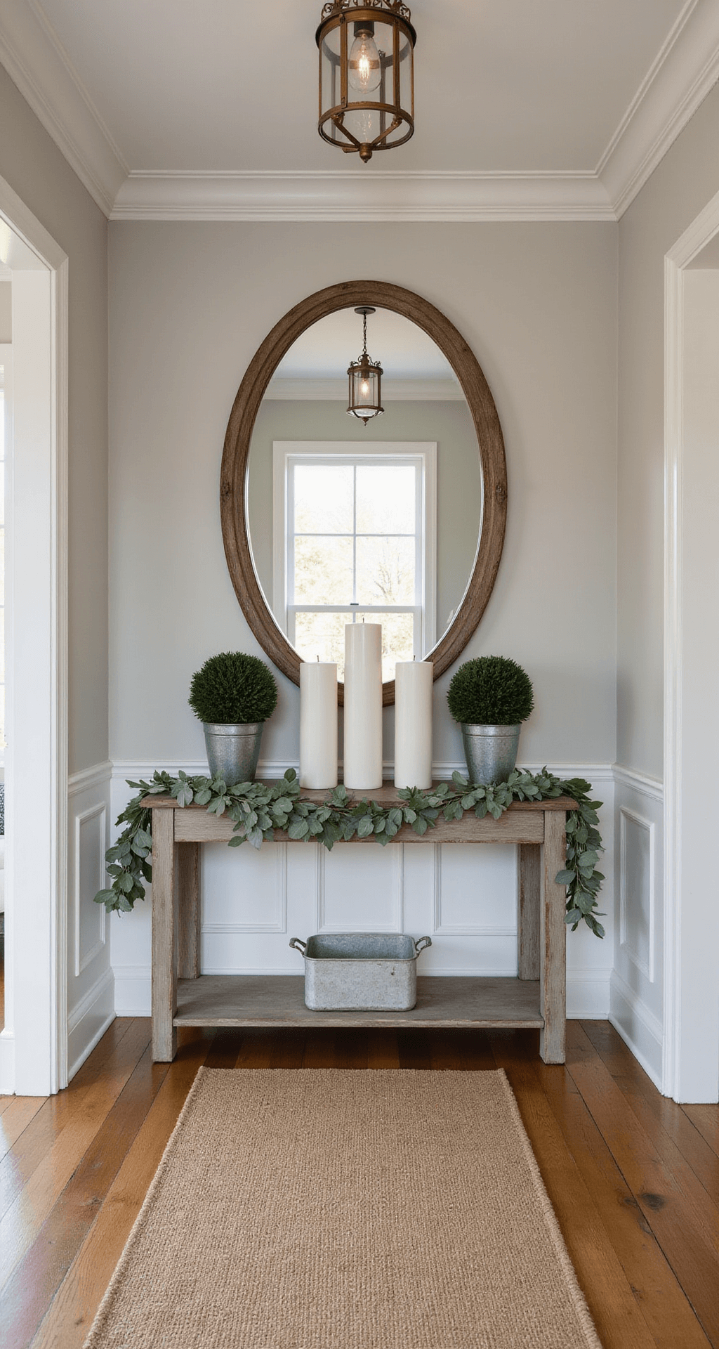 Neutral Christmas Decor: Creating a Serene Holiday Sanctuary Elegant foyer featuring symmetrical design, with a weathered gray oak console table adorned with white ceramic hurricanes and topiaries, surrounded by wainscoted walls painted in Pure White and Classic Gray, under warm aged brass lighting during golden hour.