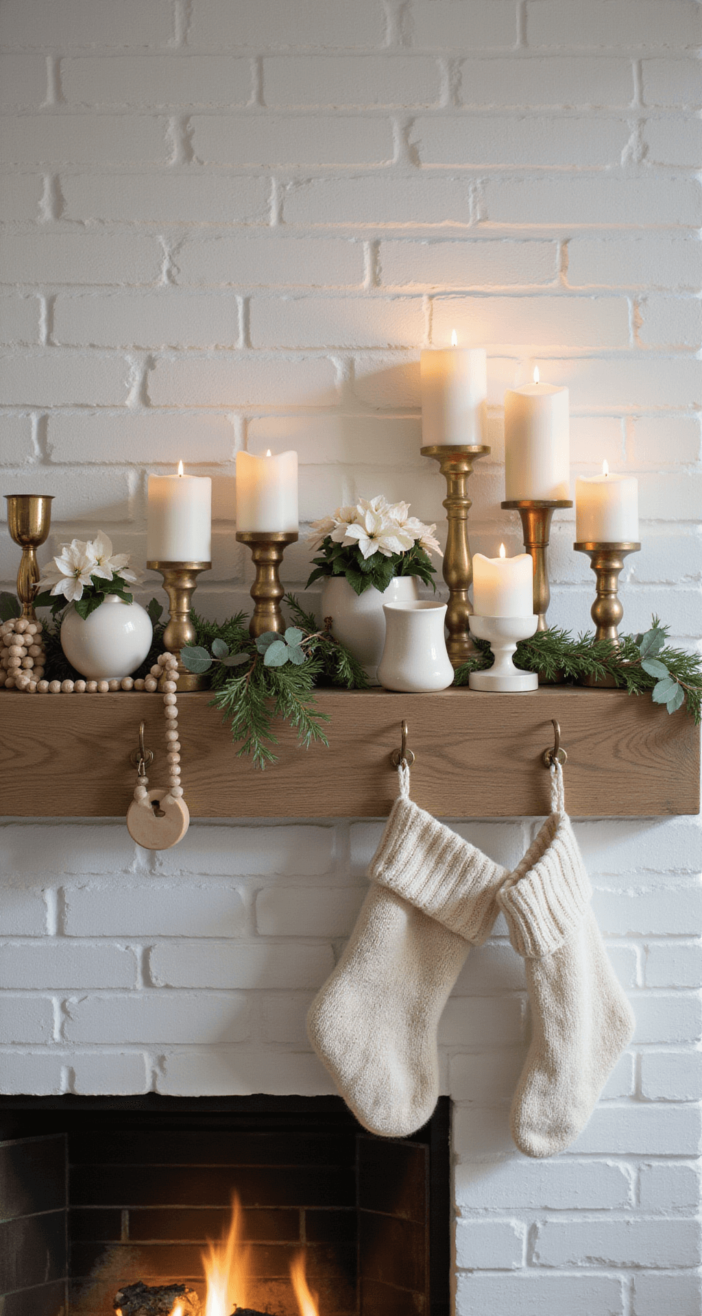 Neutral Christmas Decor: Creating a Serene Holiday Sanctuary Sophisticated mantelpiece vignette with candlelight glow, featuring white brick fireplace, reclaimed wood mantel, tall pillar candles, white poinsettias, wooden bead garland, cream ceramic vessels, mixed brass candlesticks, natural greenery, and chunky cream knit stockings, all captured in intimate macro detail.