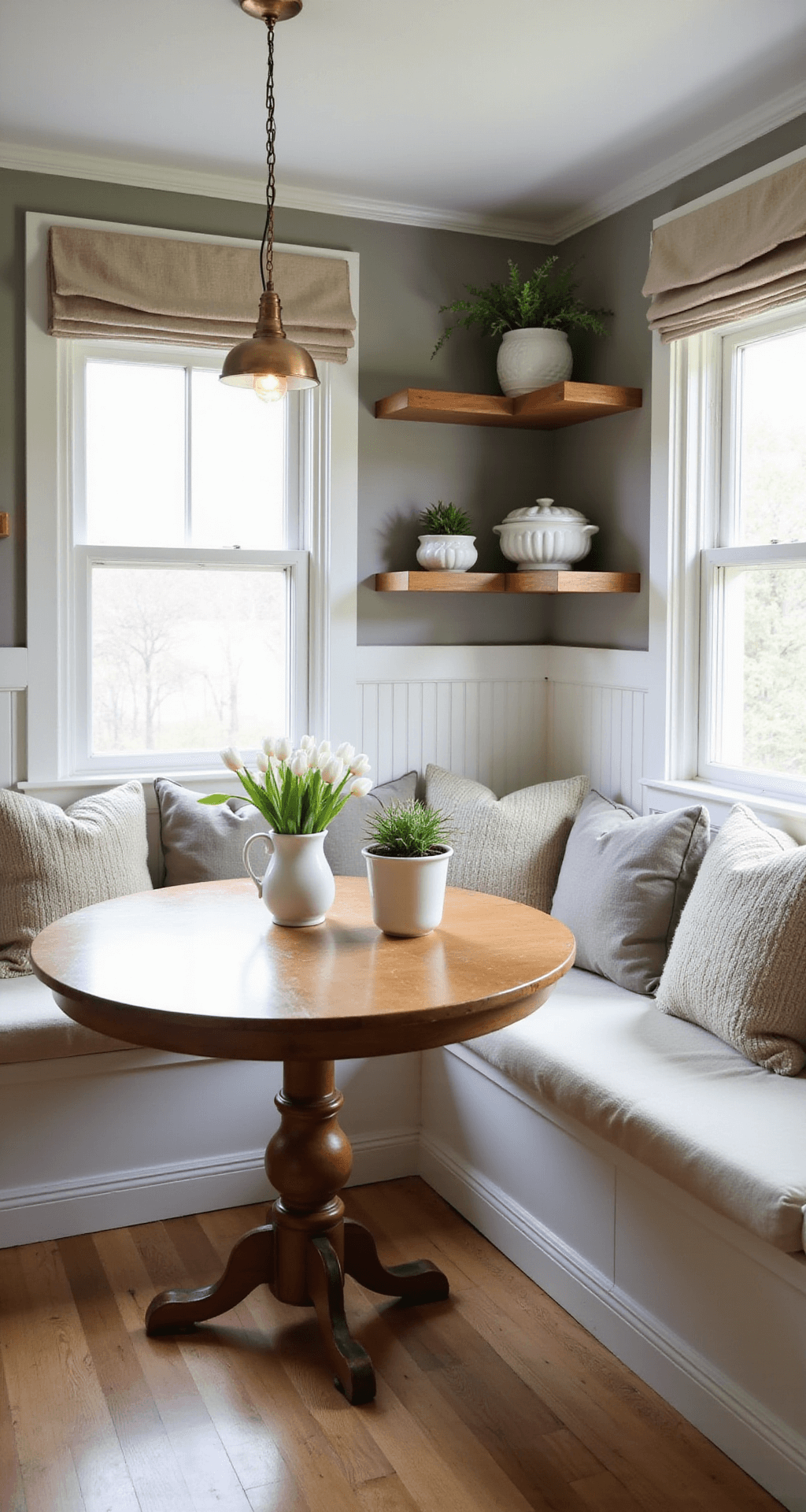 Neutral Christmas Decor: Creating a Serene Holiday Sanctuary Cozy breakfast nook with cream linen cushions, oatmeal and soft gray throw pillows, distressed white oak table with white tulips, Cloud White beadboard wainscoting, natural linen cafe curtains, floating shelves with ironstone dishes and herbs, aged brass pendant light, and wide plank natural oak floors, all bathed in soft morning light.