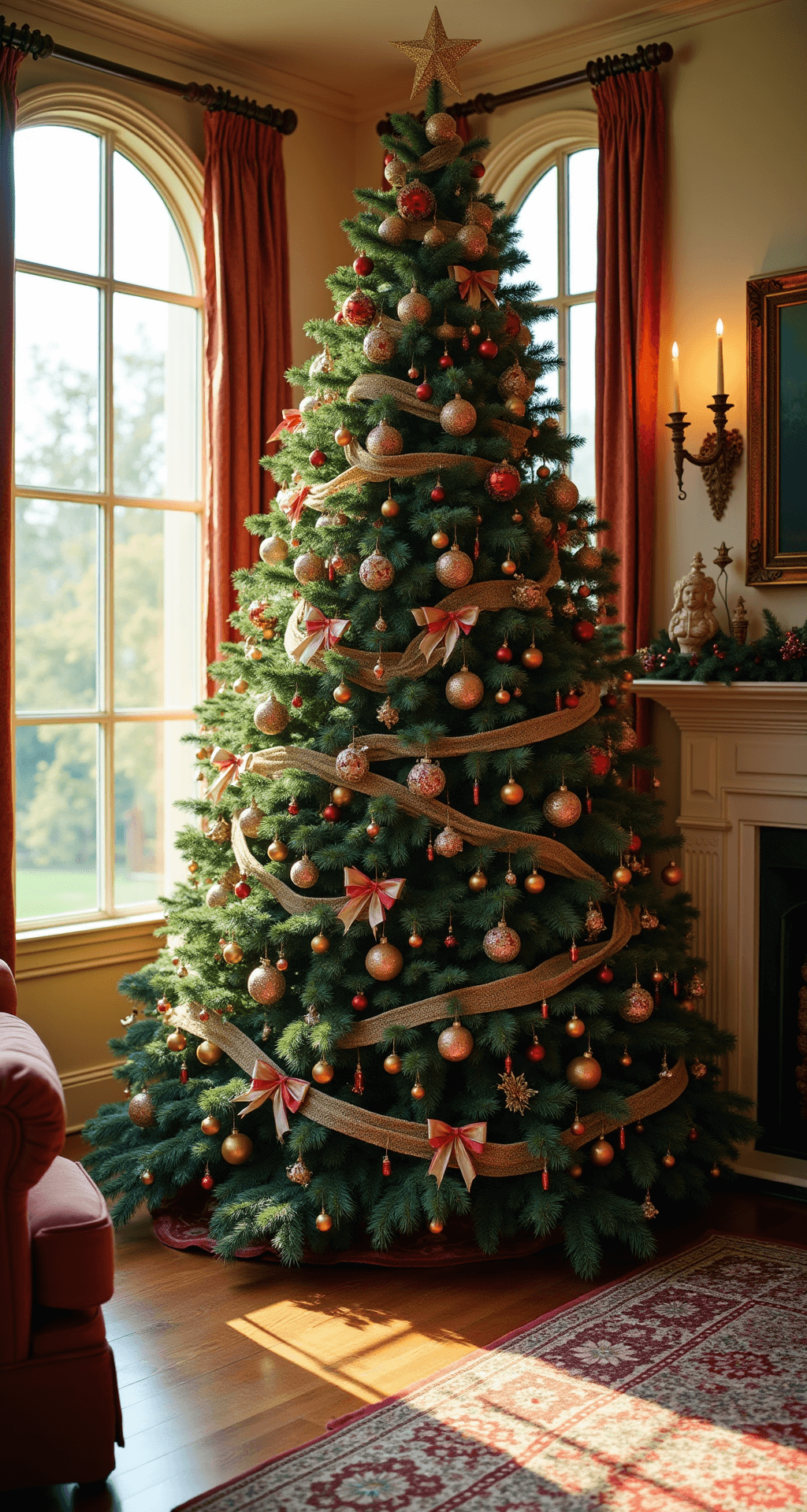 A Magical Nutcracker Christmas Tree: Transform Your Holiday Decor An elegant living room featuring an 8-foot Fraser fir Christmas tree decorated with Nutcracker-themed ornaments, captured during golden hour with warm natural light illuminating the room's cream-colored walls and hardwood floors.