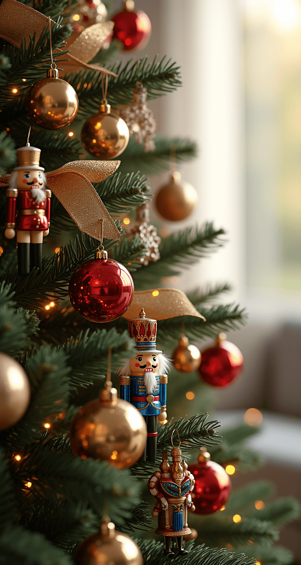 A Magical Nutcracker Christmas Tree: Transform Your Holiday Decor Close-up detail of Christmas tree branches featuring Nutcracker-themed decorations in soft morning light. The scene showcases emerald green needles, shimmering gold and copper ribbons, intricately painted Nutcracker ornaments in jewel tones, glittery baubles, and delicate snowflake ornaments, with a blurred cozy living room background.