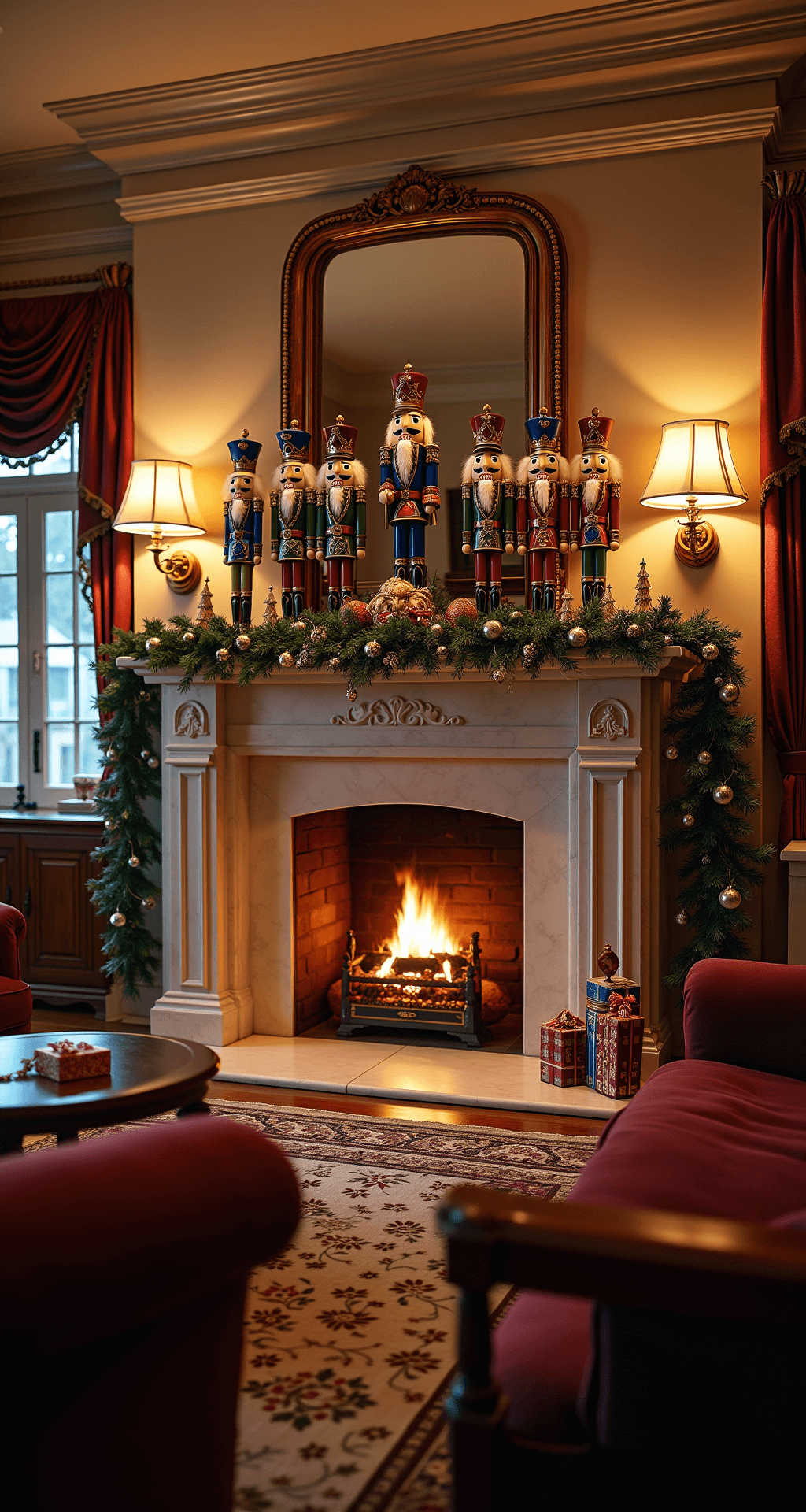 A Magical Nutcracker Christmas Tree: Transform Your Holiday Decor Wide-angle shot of a luxurious living room featuring a grand fireplace mantel adorned with a Nutcracker theme, showcasing a variety of Nutcracker figurines in rich colors, illuminated by warm firelight and table lamps, with elegant furnishings and twilight ambiance.