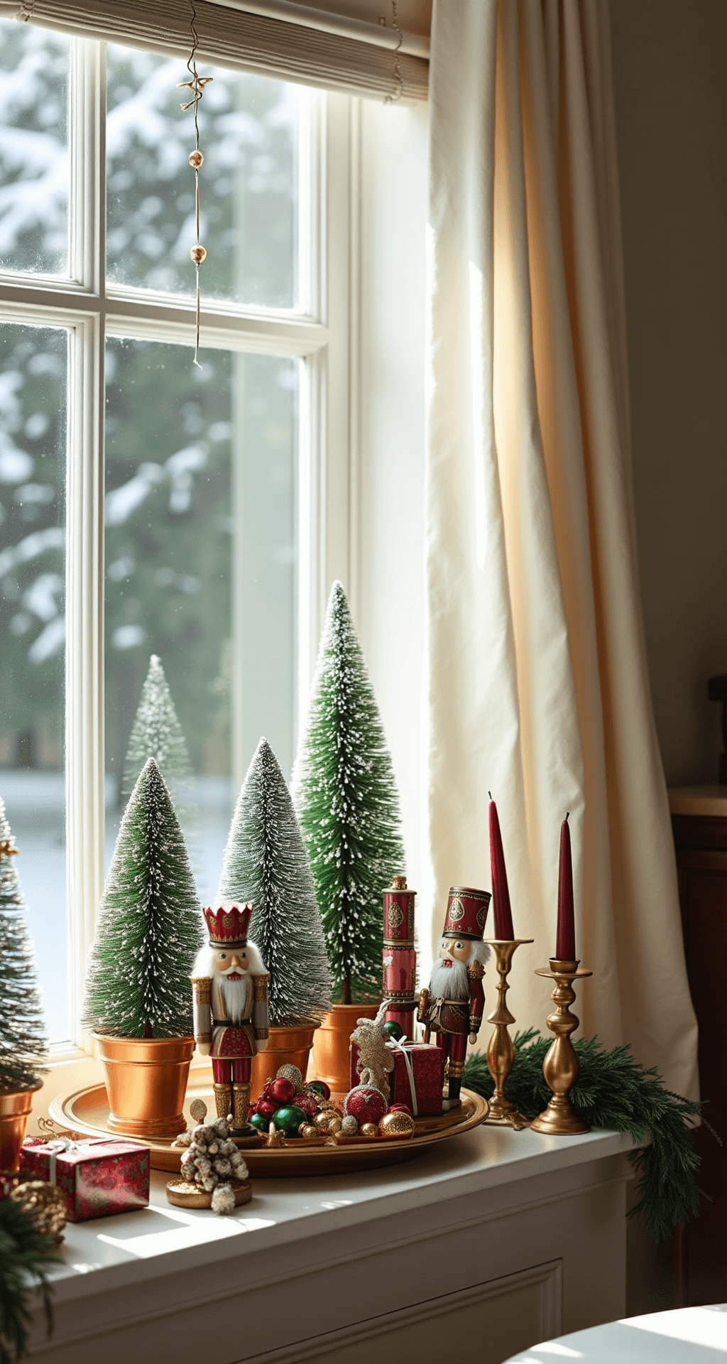 A Magical Nutcracker Christmas Tree: Transform Your Holiday Decor Detailed Christmas vignette on a window sill featuring Nutcracker figurines, miniature trees, and festive decorations in a breakfast nook with morning sunlight streaming through mullioned windows.