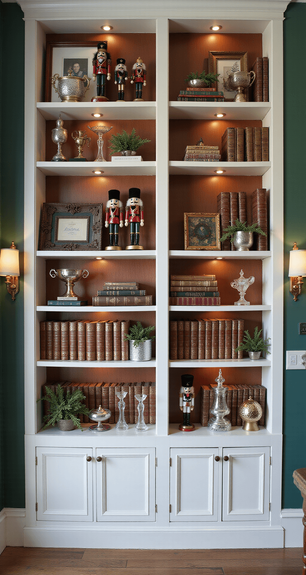 A Magical Nutcracker Christmas Tree: Transform Your Holiday Decor Professional lifestyle photograph of a sophisticated home library featuring an expanded Nutcracker collection on built-in white bookshelves, adorned with leather-bound books, holiday vignettes, and rich decorative elements against deep green walls.