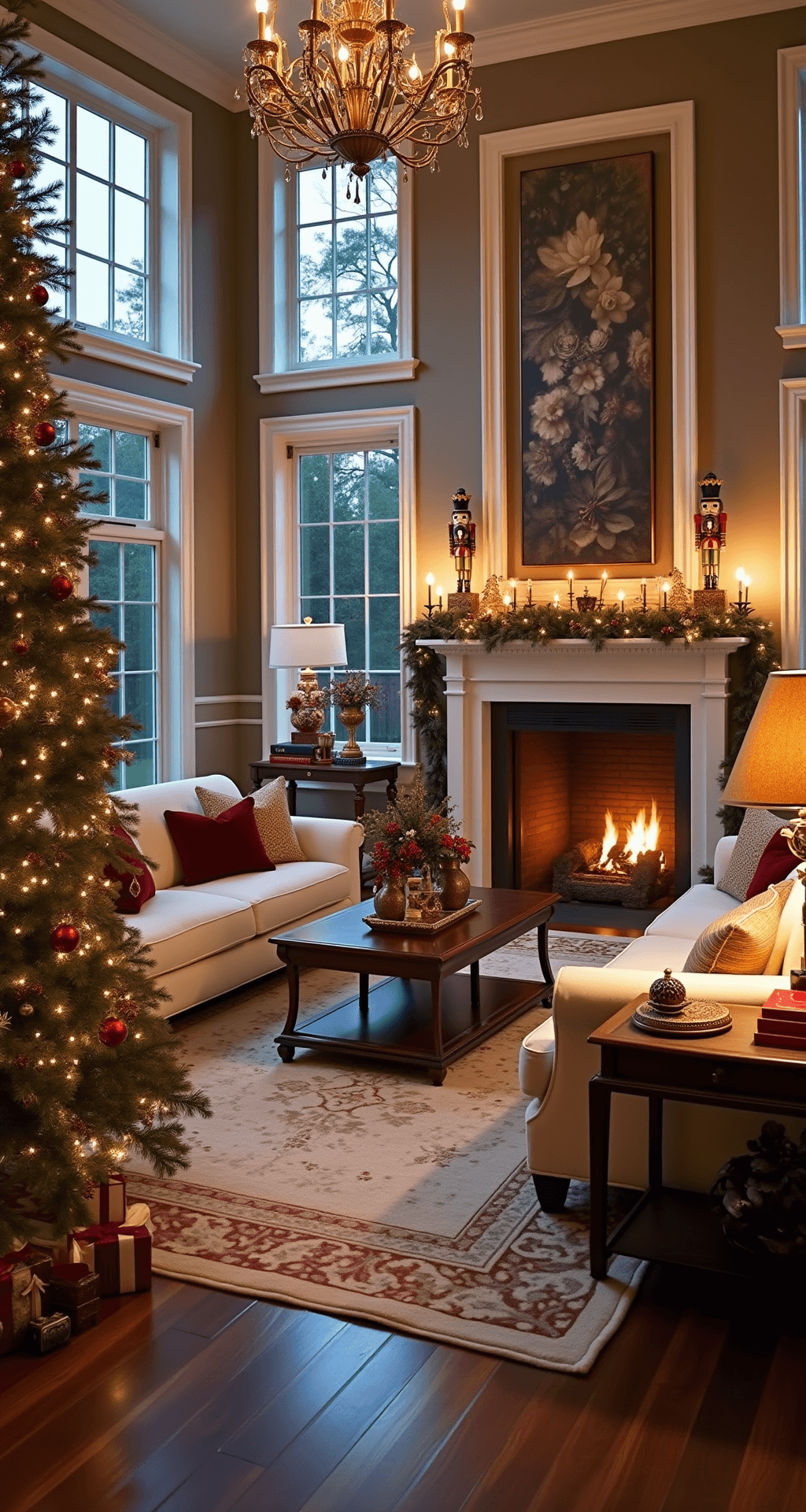 A Magical Nutcracker Christmas Tree: Transform Your Holiday Decor Cinematic wide shot of an elegantly styled living room decorated for Christmas, featuring a towering 9-foot Christmas tree, Nutcracker elements, and a harmonious jewel-toned color palette against neutral furnishings.
