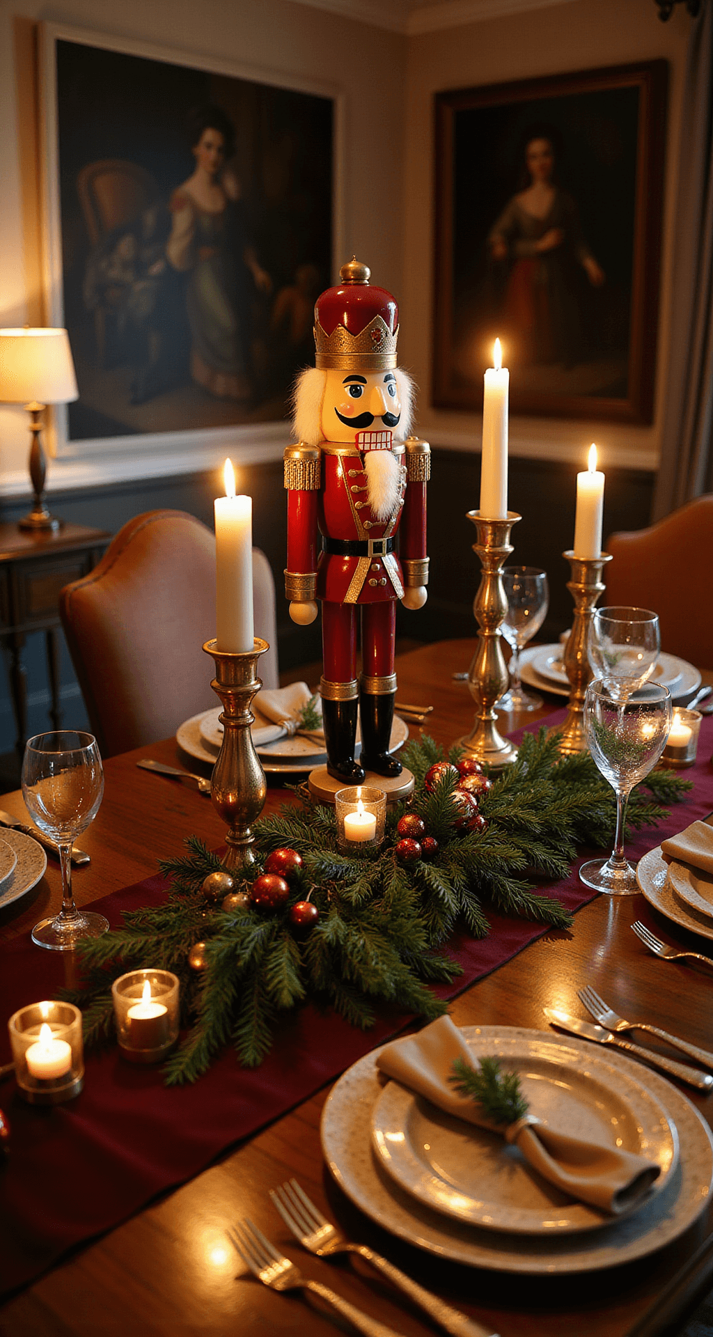 A Magical Nutcracker Christmas Tree: Transform Your Holiday Decor Intimate macro shot of a 24-inch wooden Nutcracker king centerpiece on a richly styled mahogany dining table, surrounded by mercury glass votives, jewel-toned ornaments, metallic charger plates, and greenery with lights, all under warm candlelight that highlights luxurious details against a softly blurred elegant dining room backdrop.