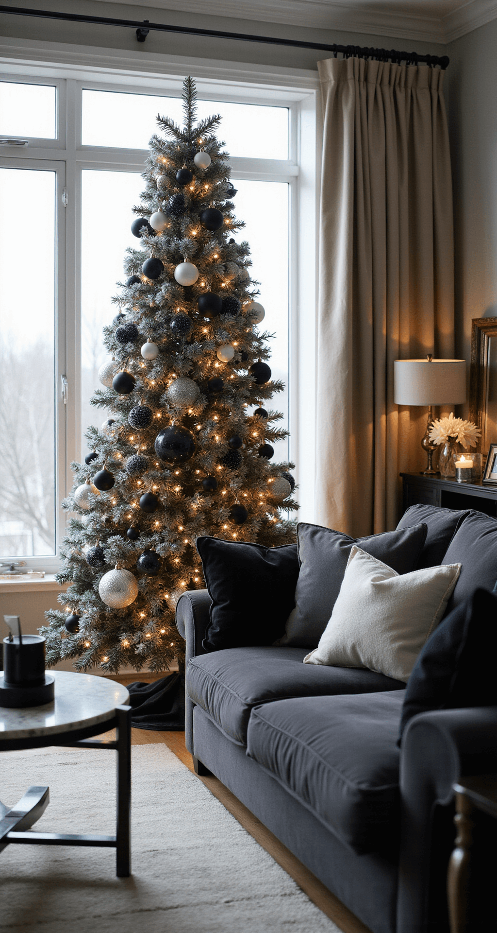 A Black and White Christmas Tree: Modern Elegance Meets Festive Cheer A sophisticated living room featuring a 9-foot flocked black and white Christmas tree adorned with matte black and glossy white ornaments, set before floor-to-ceiling windows. A plush charcoal sectional sofa, marble coffee table, and cream area rug enhance the serene atmosphere, illuminated by soft morning light and warm LED string lights.