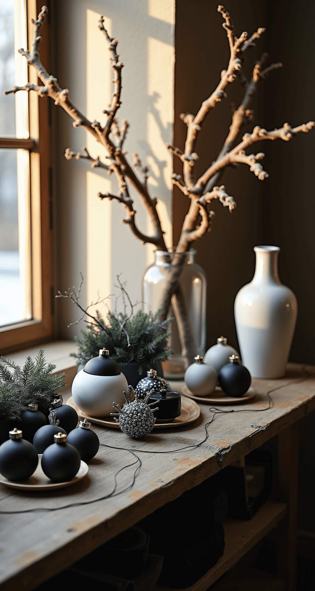 A Black and White Christmas Tree: Modern Elegance Meets Festive Cheer An intimate vignette of black and white Christmas decorating tools on a rustic wooden console table, featuring high-quality ornaments, spools of ribbon, LED string lights, and flocked branches, all illuminated by warm golden hour sunlight.